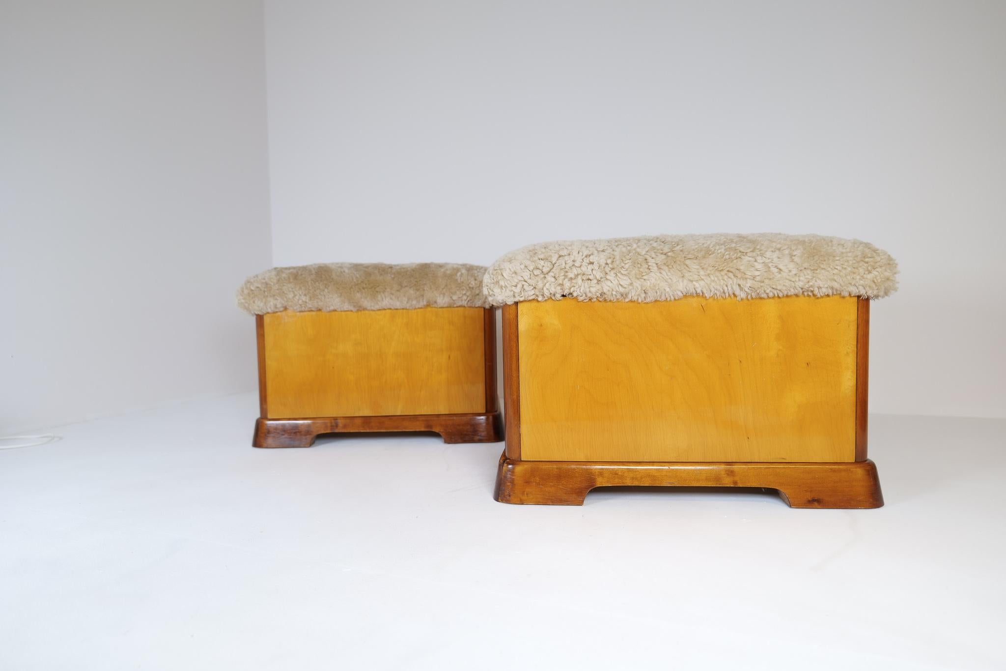 Mid-20th Century Swedish Art Deco Stools in Lacquered Birch and Sheepskin/Shearling Seat 1940s For Sale