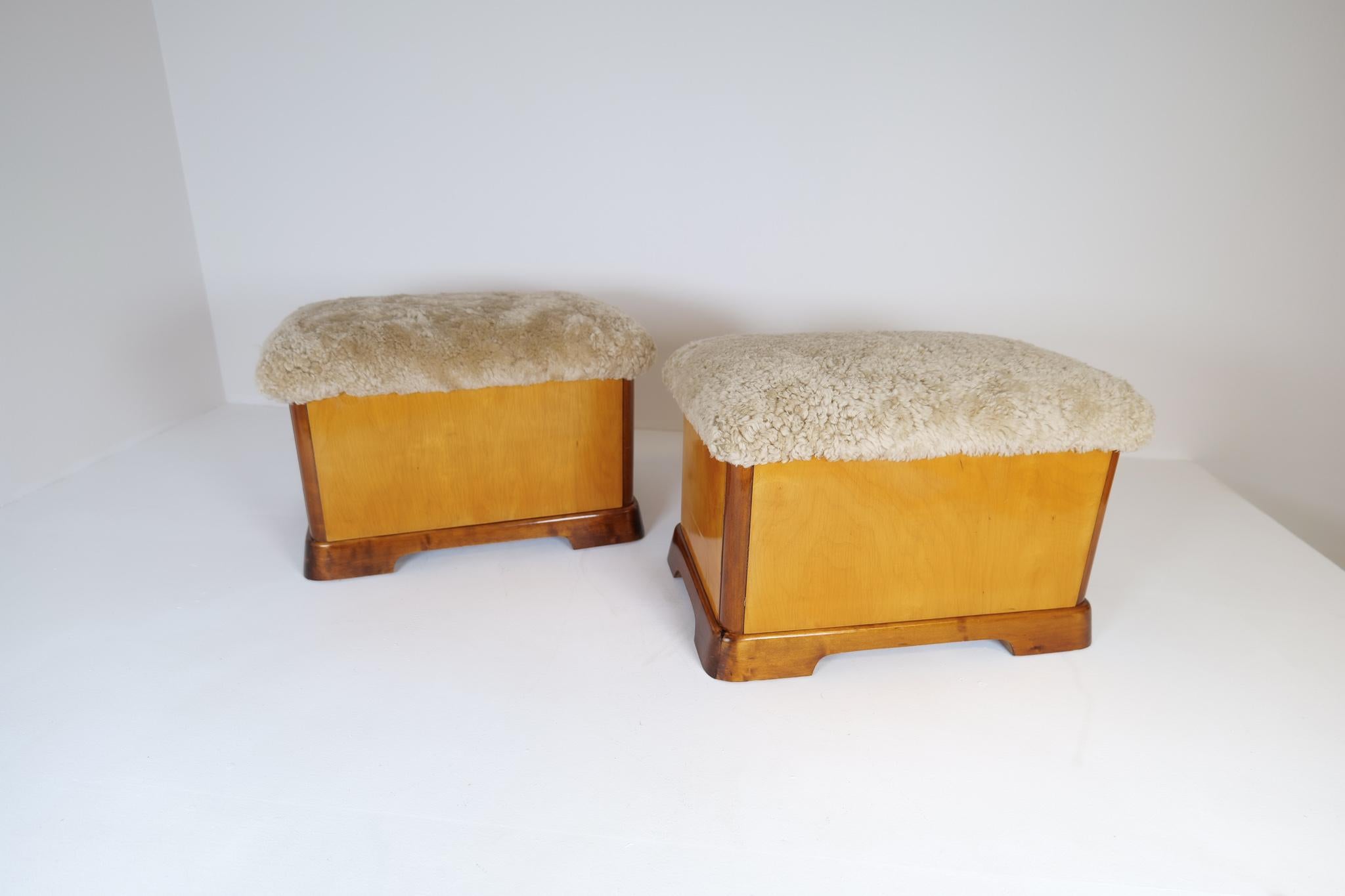 Swedish Art Deco Stools in Lacquered Birch and Sheepskin/Shearling Seat 1940s For Sale 1
