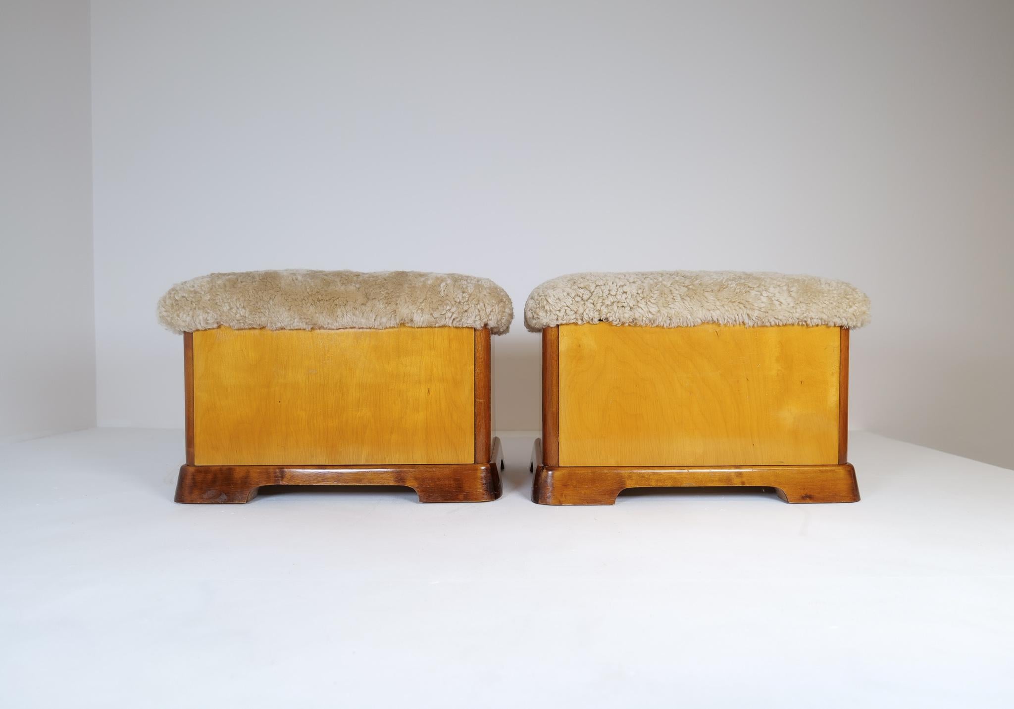 Swedish Art Deco Stools in Lacquered Birch and Sheepskin/Shearling Seat 1940s For Sale 2