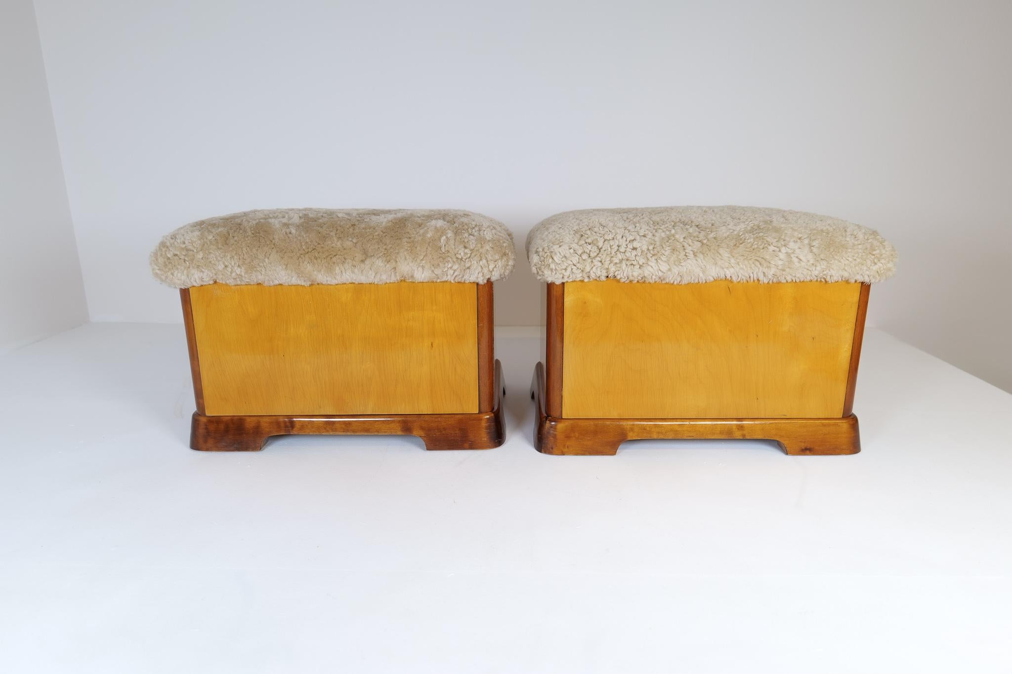 Swedish Art Deco Stools in Lacquered Birch and Sheepskin/Shearling Seat 1940s For Sale 3
