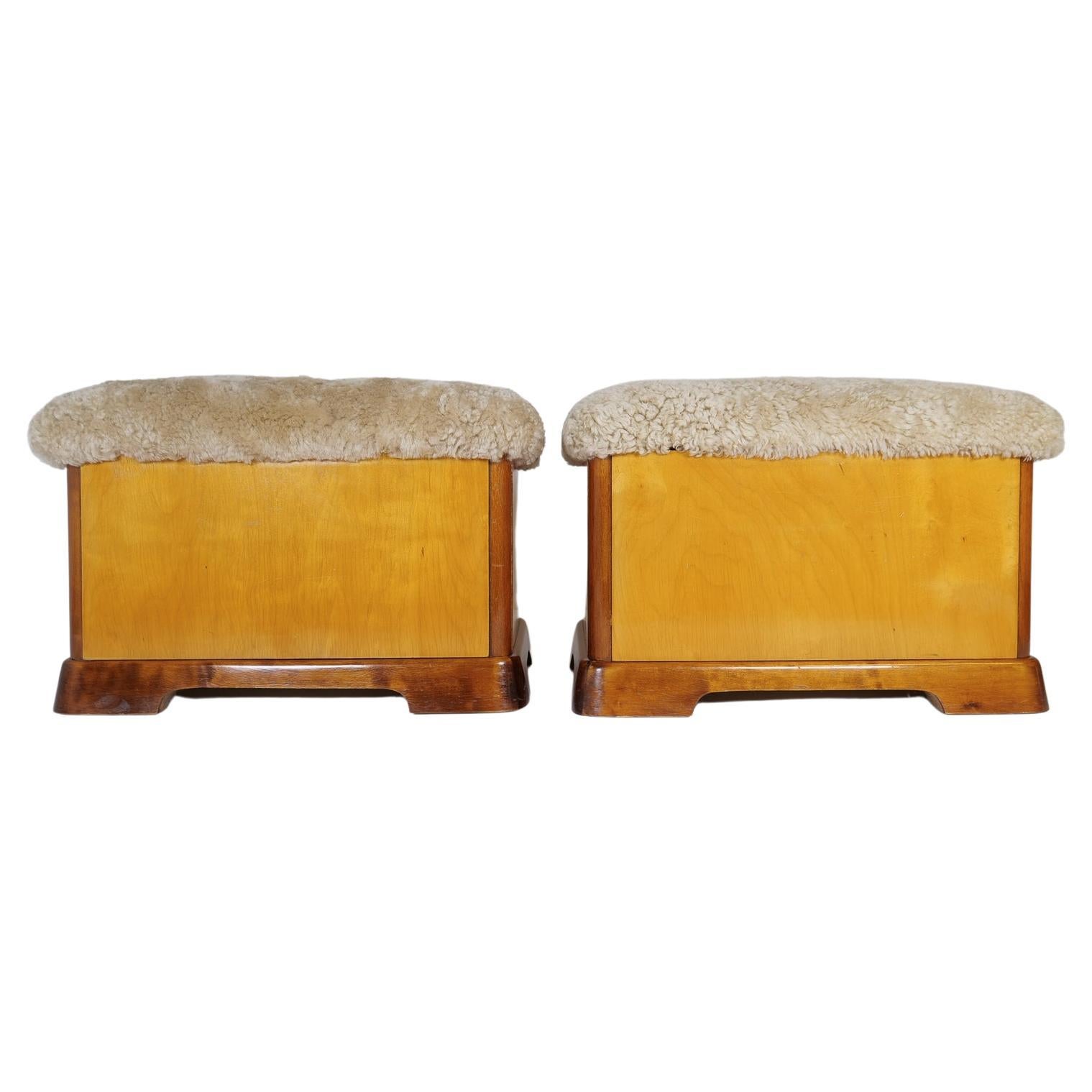 Swedish Art Deco Stools in Lacquered Birch and Sheepskin/Shearling Seat 1940s For Sale