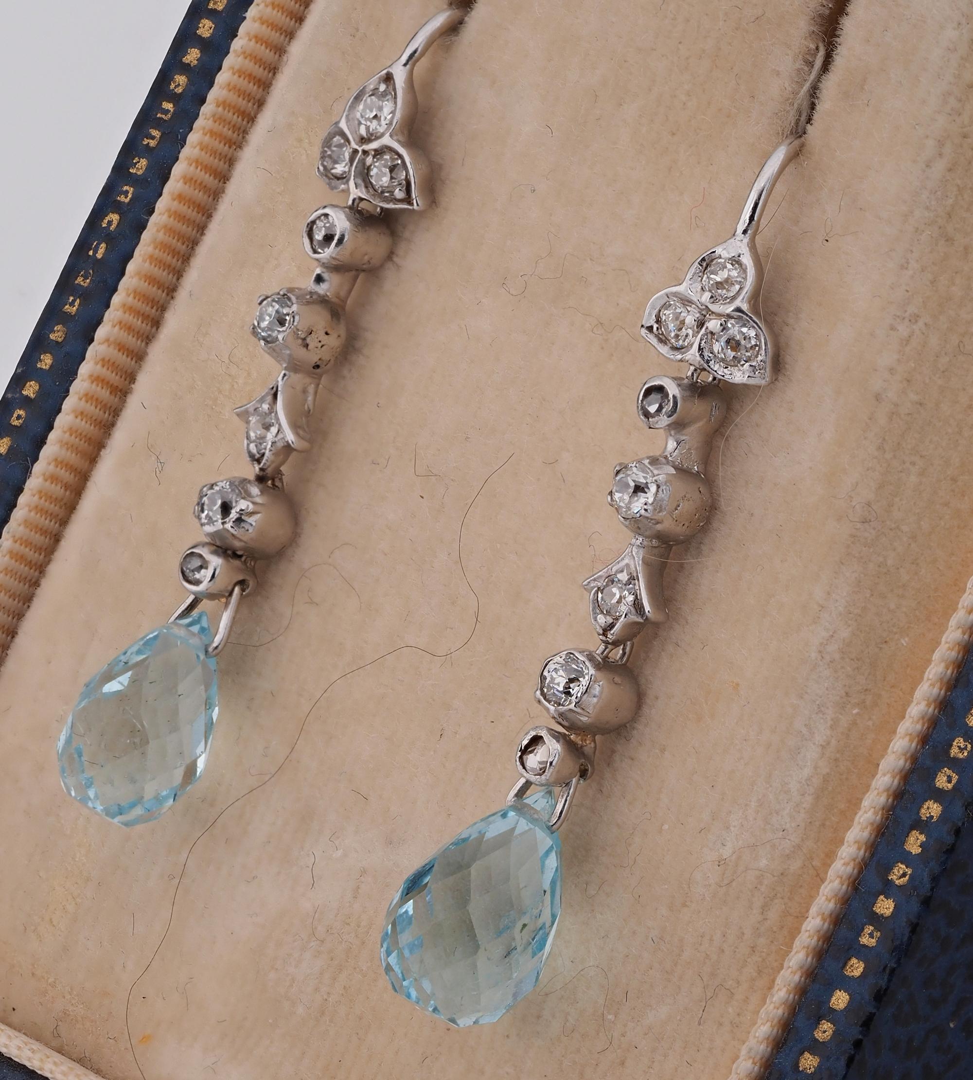 Women's or Men's Art Deco Sweet 7.0 Ct Natural Aquamarine Diamond Drop earrings For Sale