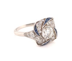 Art Deco Swirl Design Diamonds Sapphires Platinum Ring