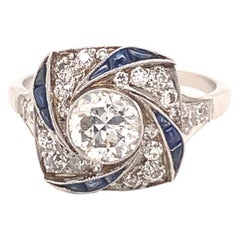 Art Deco Swirl Design Diamonds Sapphires Platinum Ring