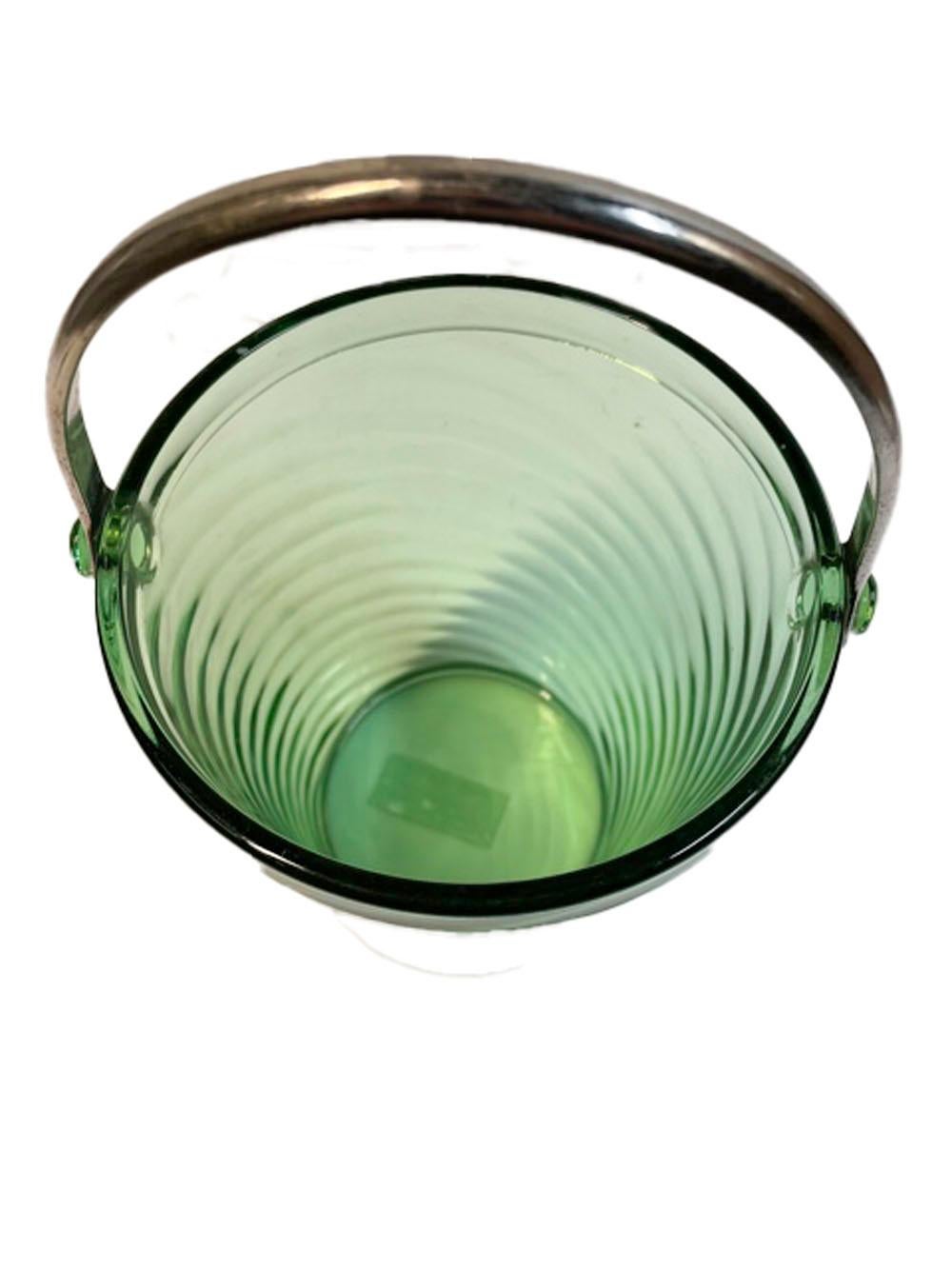 American Art Deco Swirled Green Glass, Pail-Form Ice Bucket with Swing Handle