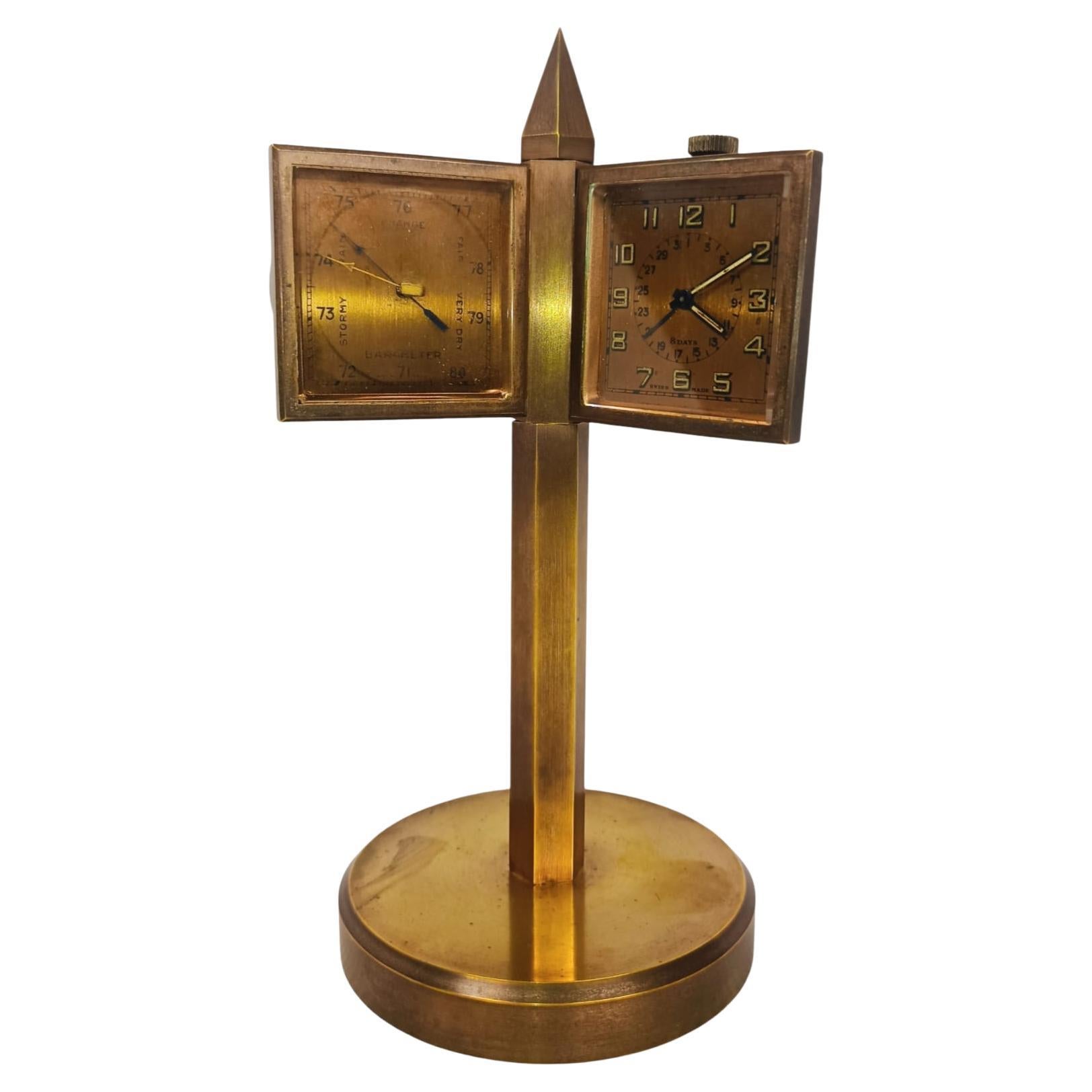 Art Deco Swiss Bronze Tabletop Weather Station with Clock For Sale