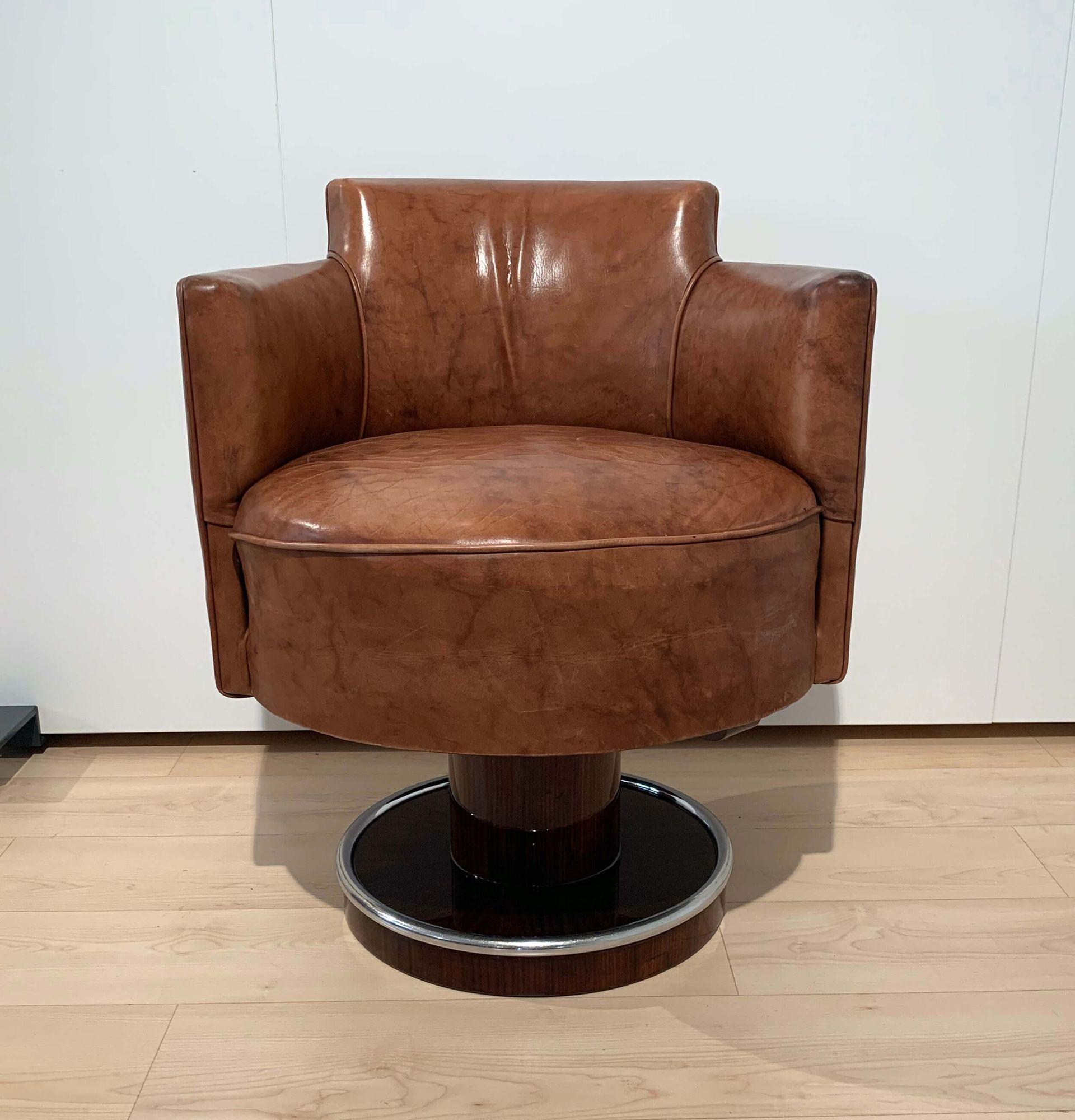 Art Deco Swivel Chair, De Coene Freres, Leather, Rosewood, France circa 1930 For Sale 6