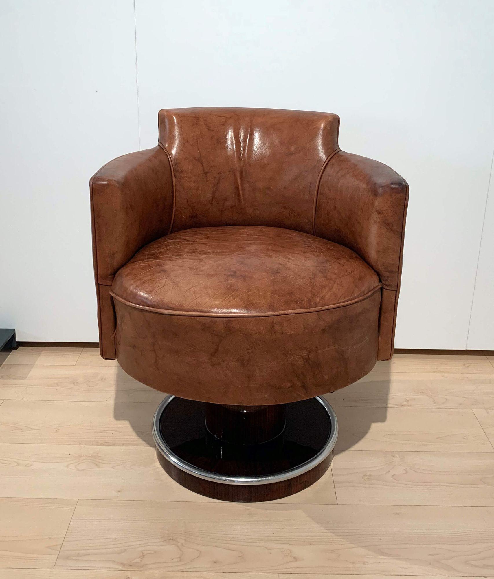 Belgian Art Deco Swivel Chair, De Coene Freres, Leather, Rosewood, France circa 1930 For Sale