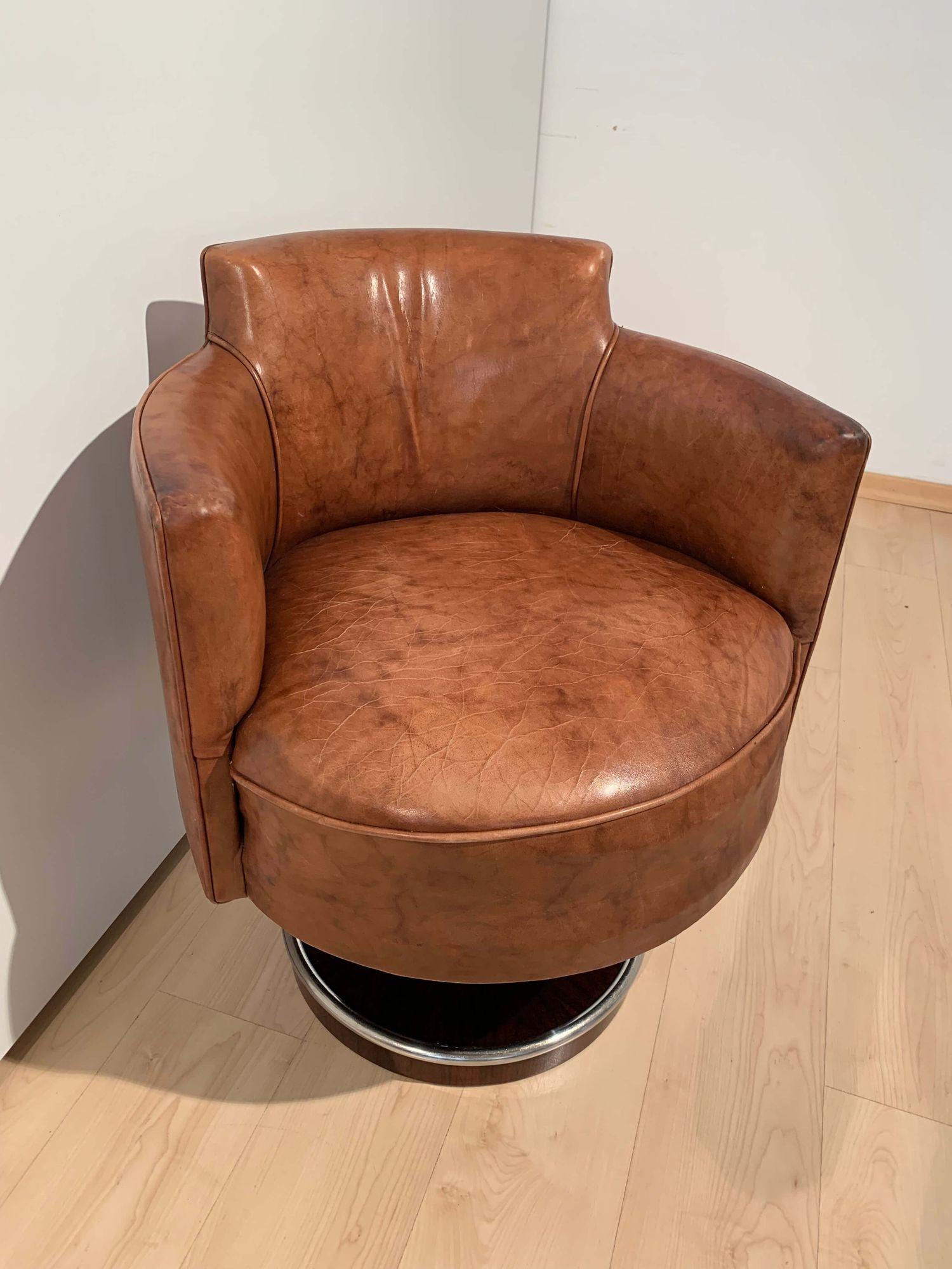 Polished Art Deco Swivel Chair, De Coene Freres, Leather, Rosewood, France circa 1930 For Sale