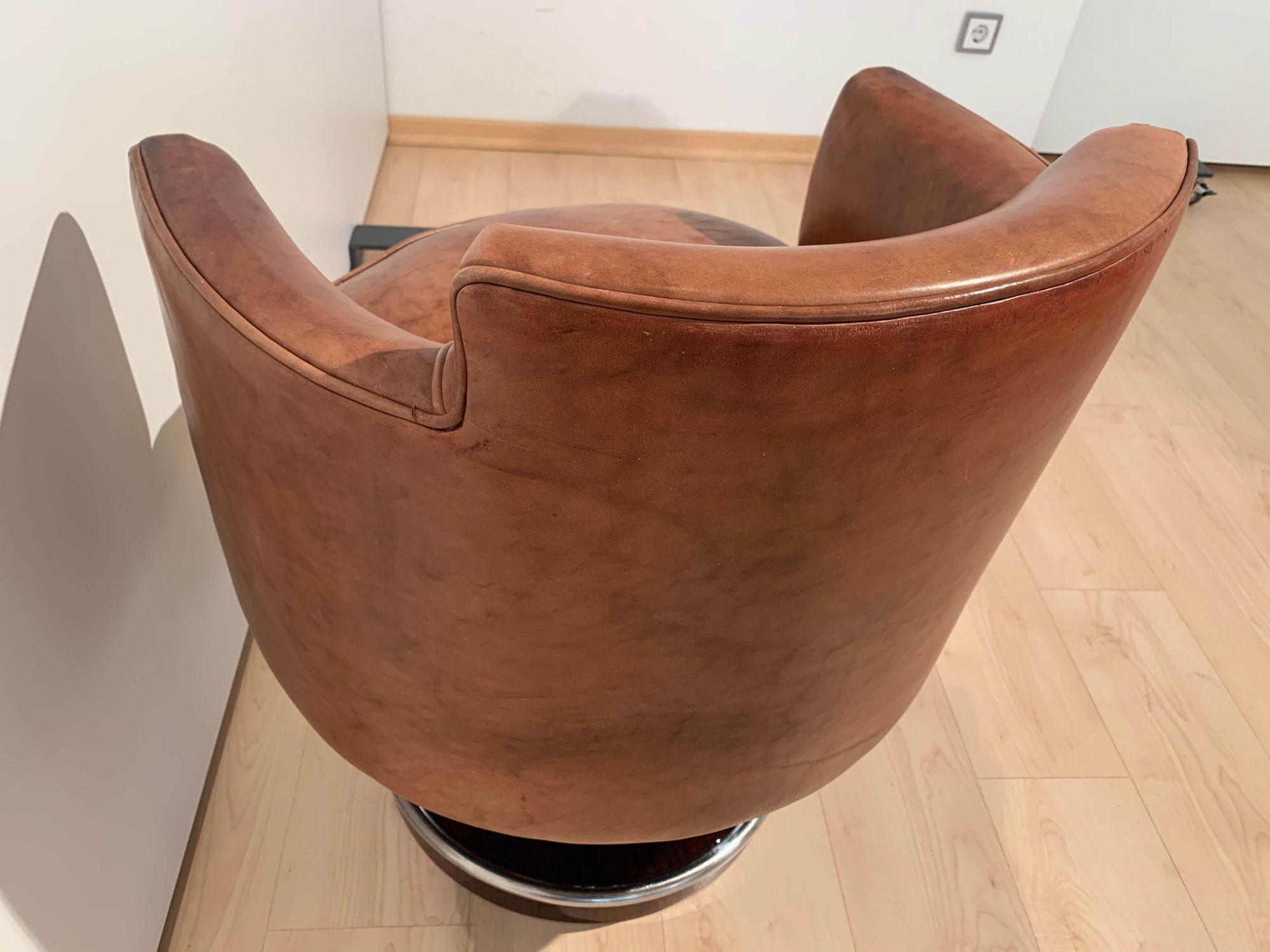 Mid-20th Century Art Deco Swivel Chair, De Coene Freres, Leather, Rosewood, France circa 1930 For Sale