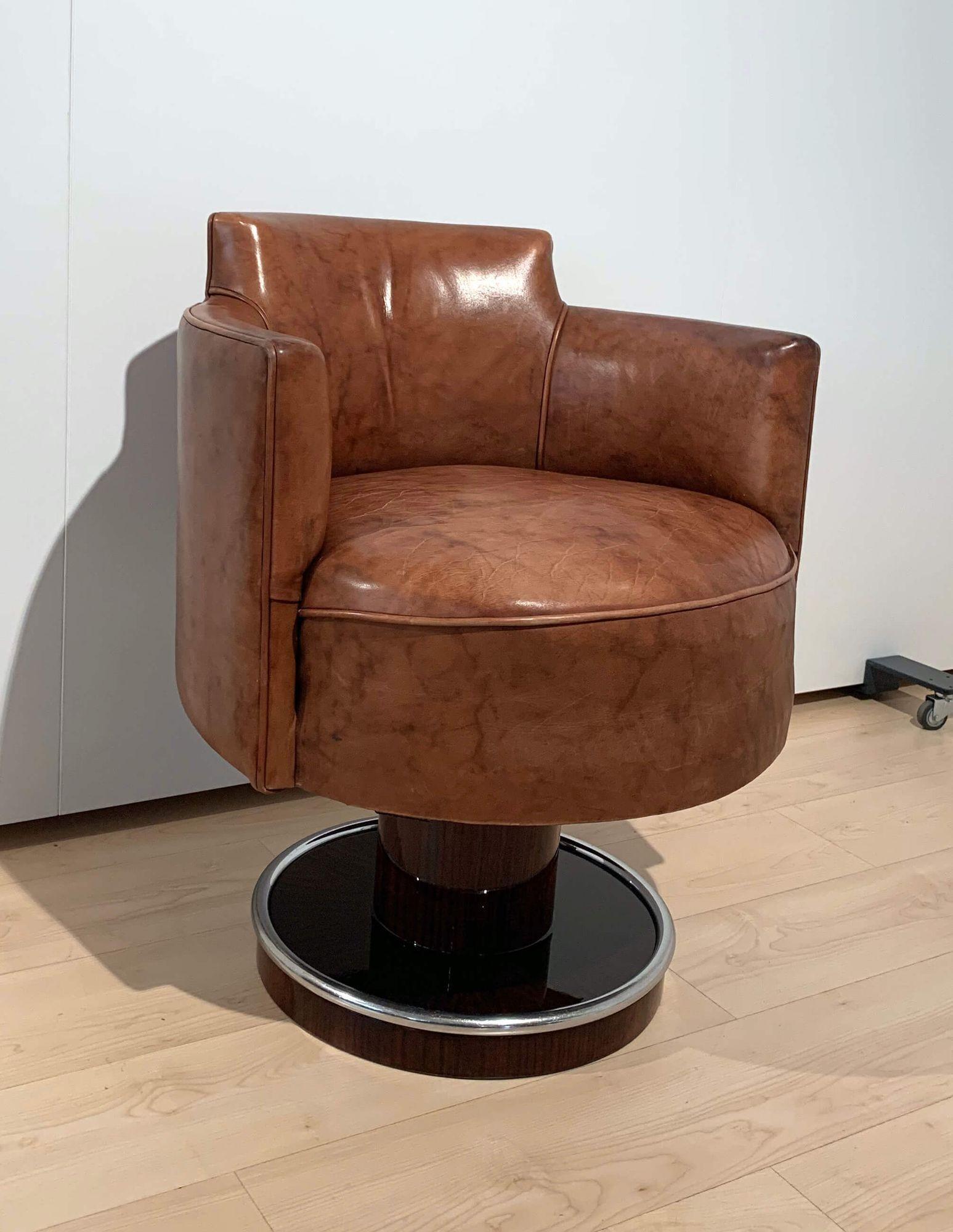 Art Deco Swivel Chair, De Coene Freres, Leather, Rosewood, France circa 1930 For Sale 3