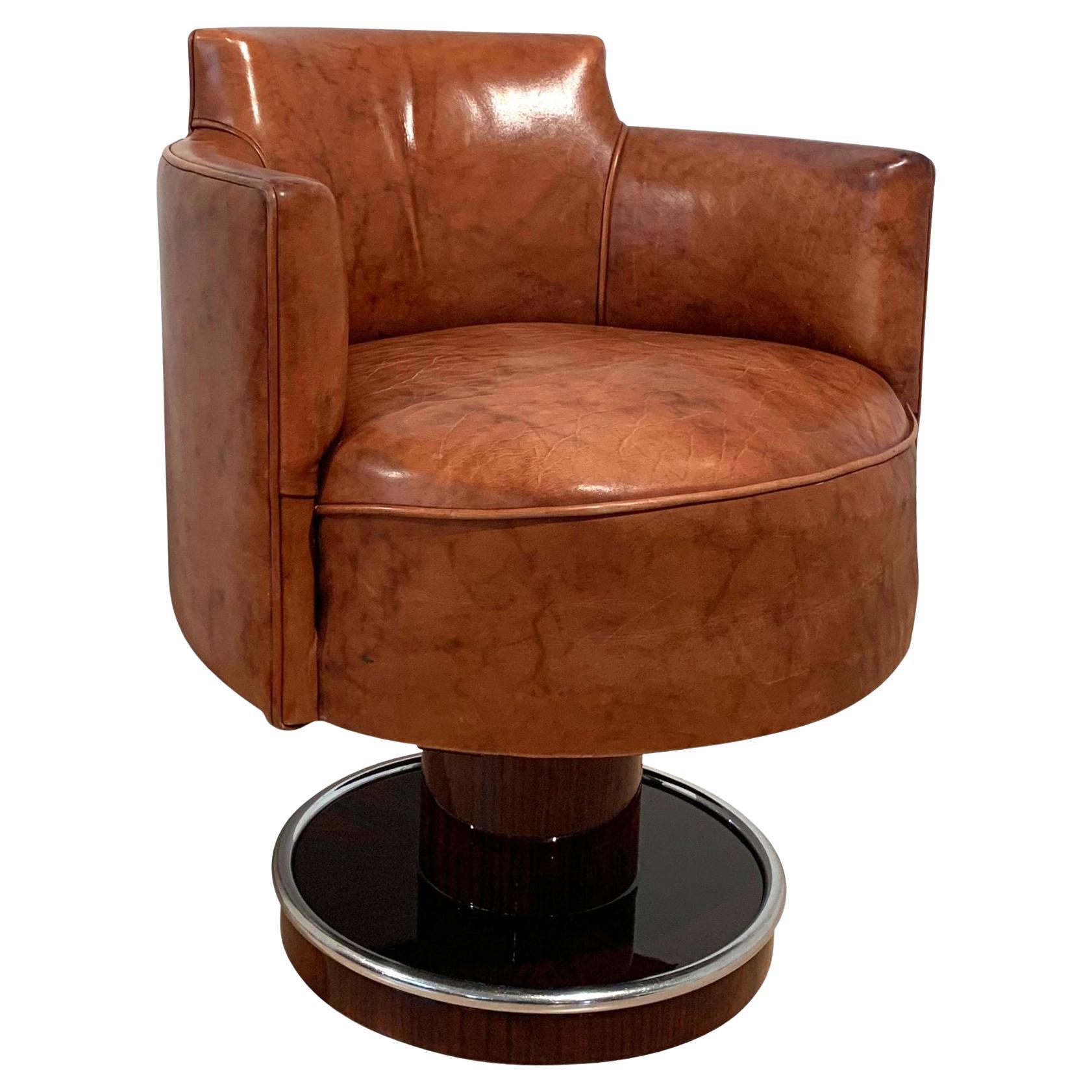 Art Deco Swivel Chair, De Coene Freres, Leather, Rosewood, France circa 1930