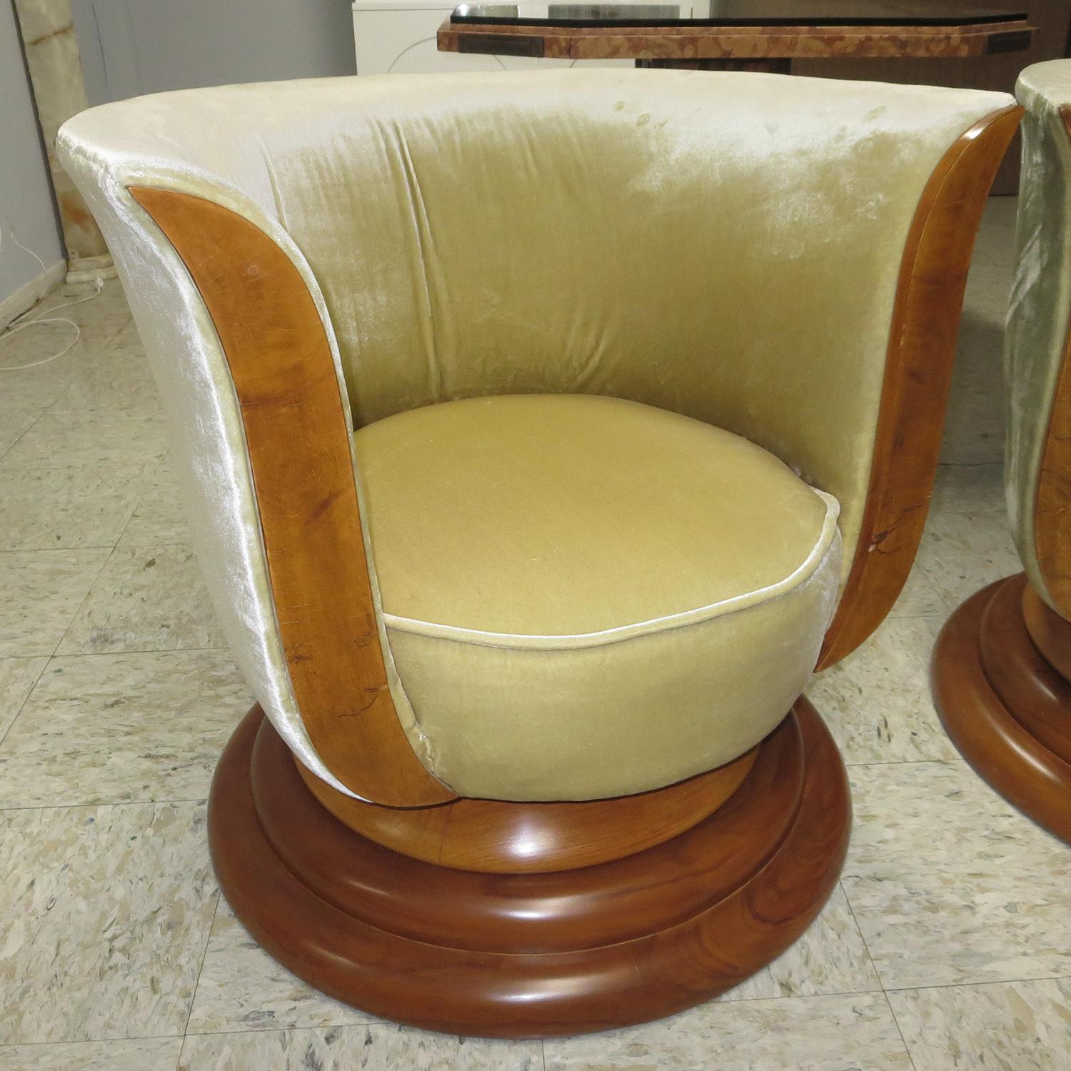 These fantastic 1930s Art Deco chairs are from the Hotel Le Malandre of Brussels Belgium. They both retain original metal tags to the underside. These are the originals that all the others were copied from! The solid walnut bases were previously