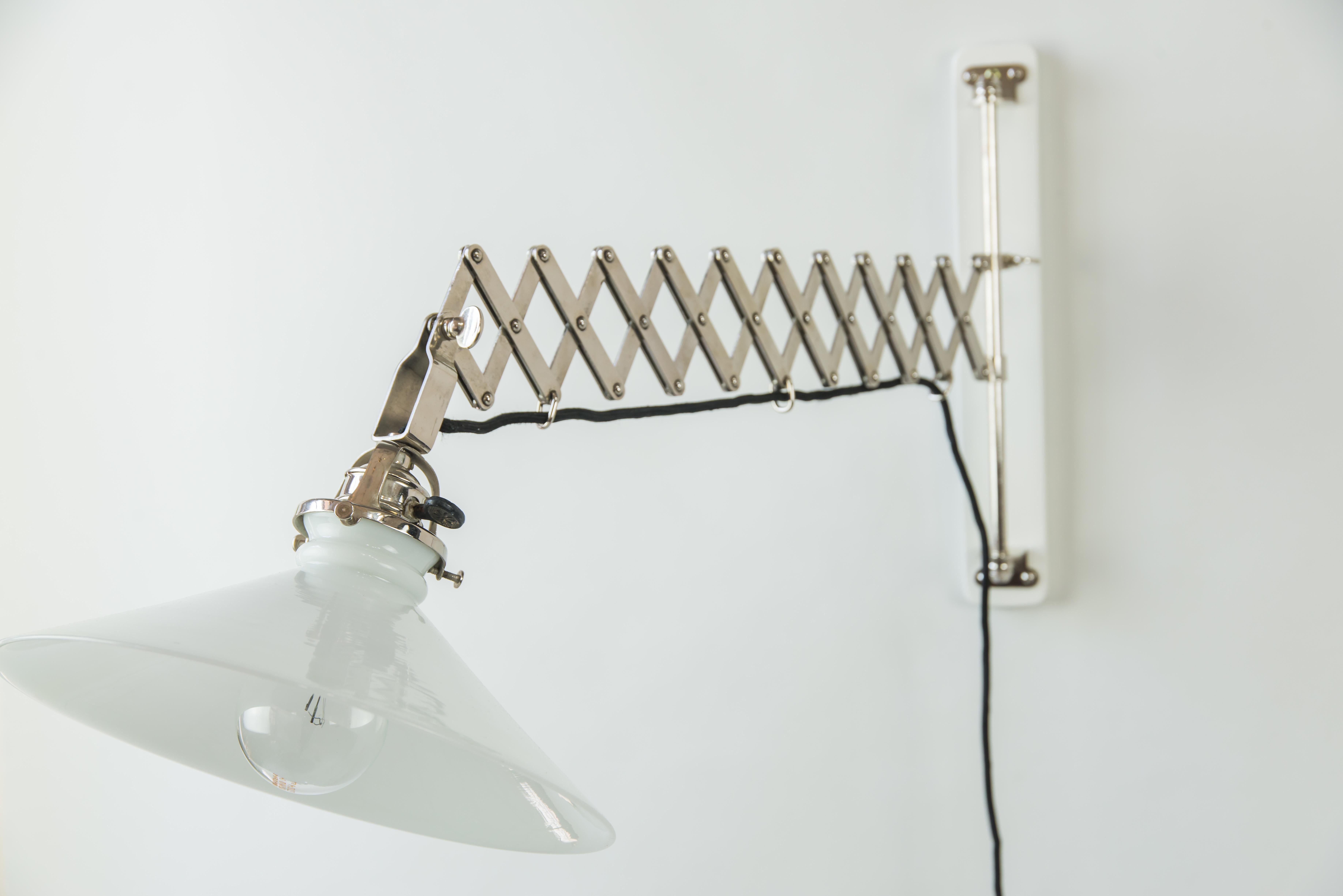 Wood Art Deco Swiweling and Extendable Nickel Wall Lamp with Glass Shade, circa 1920s For Sale