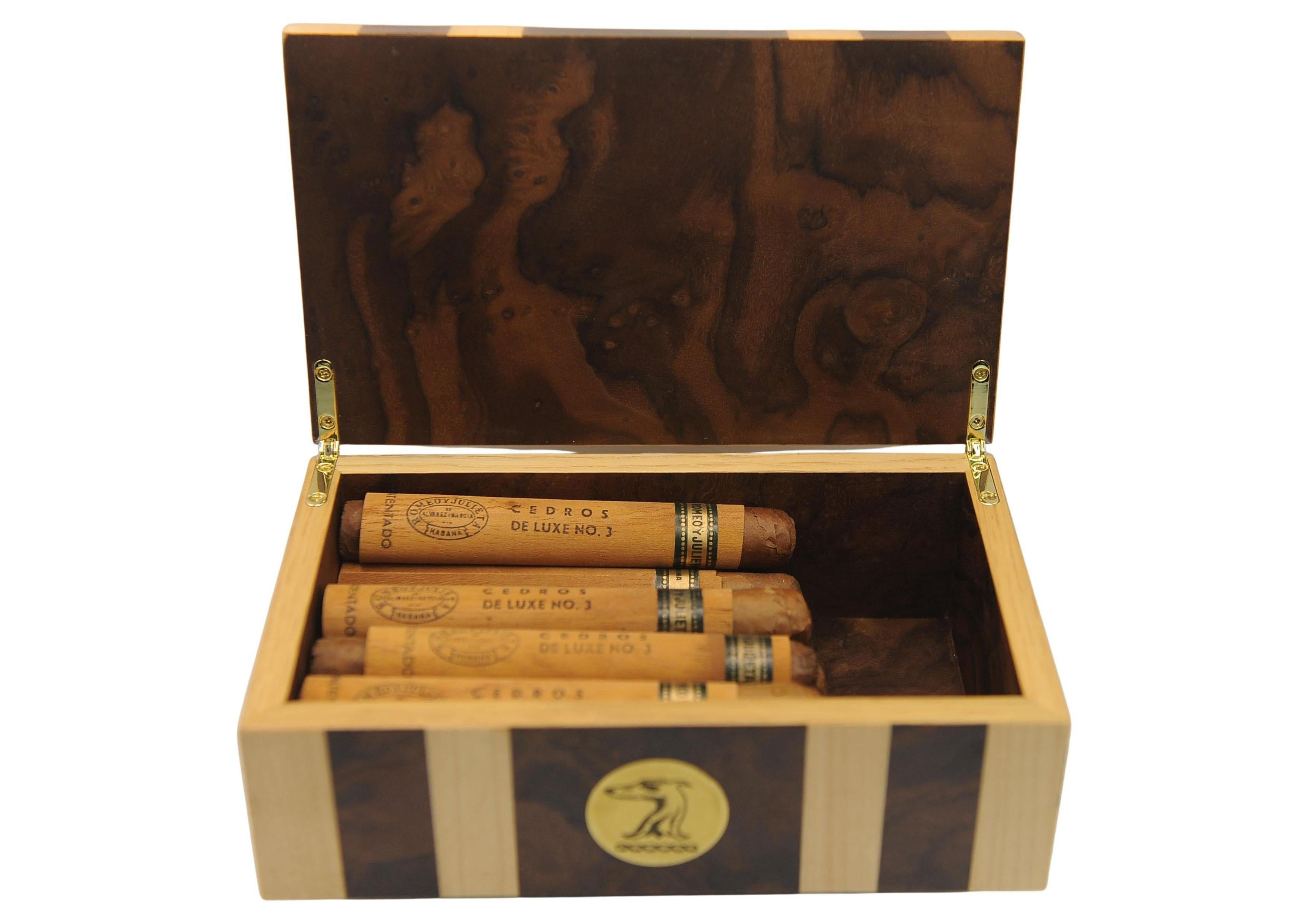 Scatola per sigari Art Deco in sicomoro e radica di noce con custodia per sigari in pelle in vendita 3