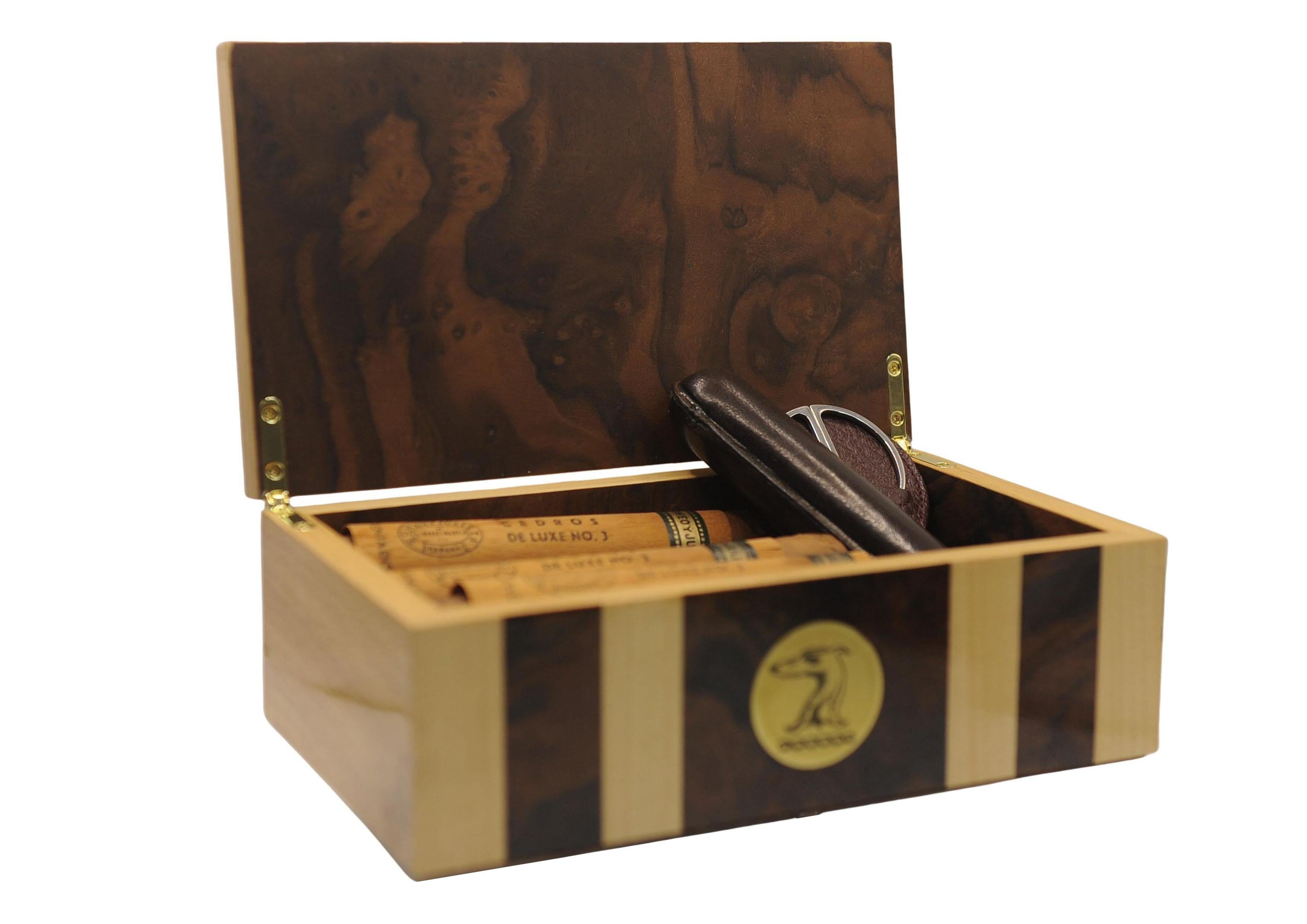 Scatola per sigari Art Deco in sicomoro e radica di noce con custodia per sigari in pelle in vendita 4