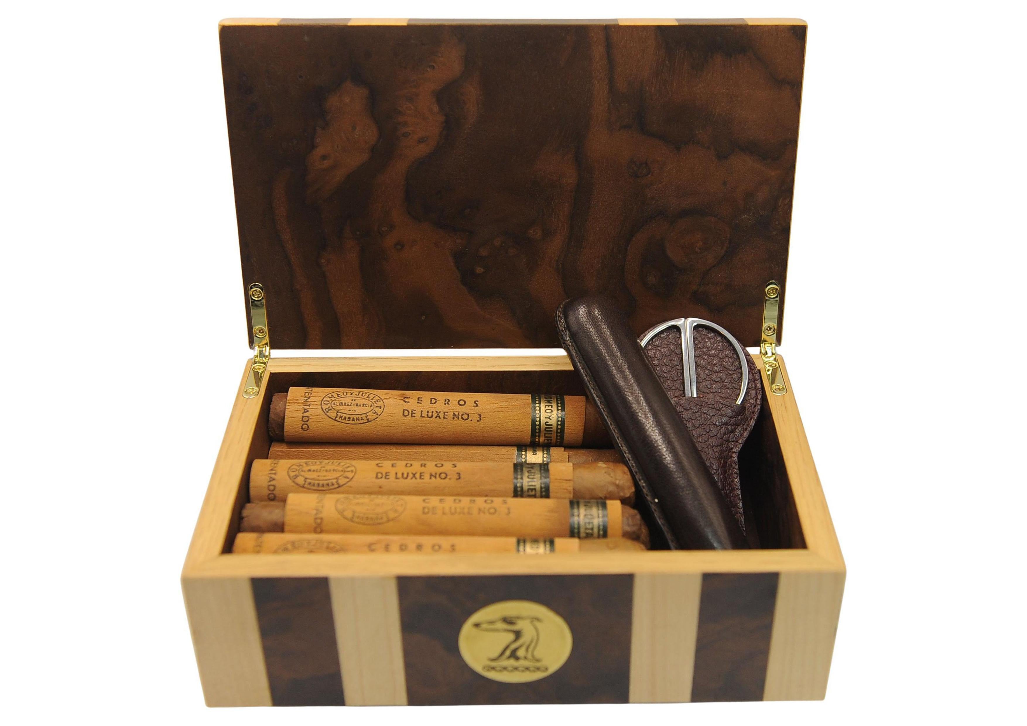 Scatola per sigari Art Deco in sicomoro e radica di noce con custodia per sigari in pelle in vendita 6