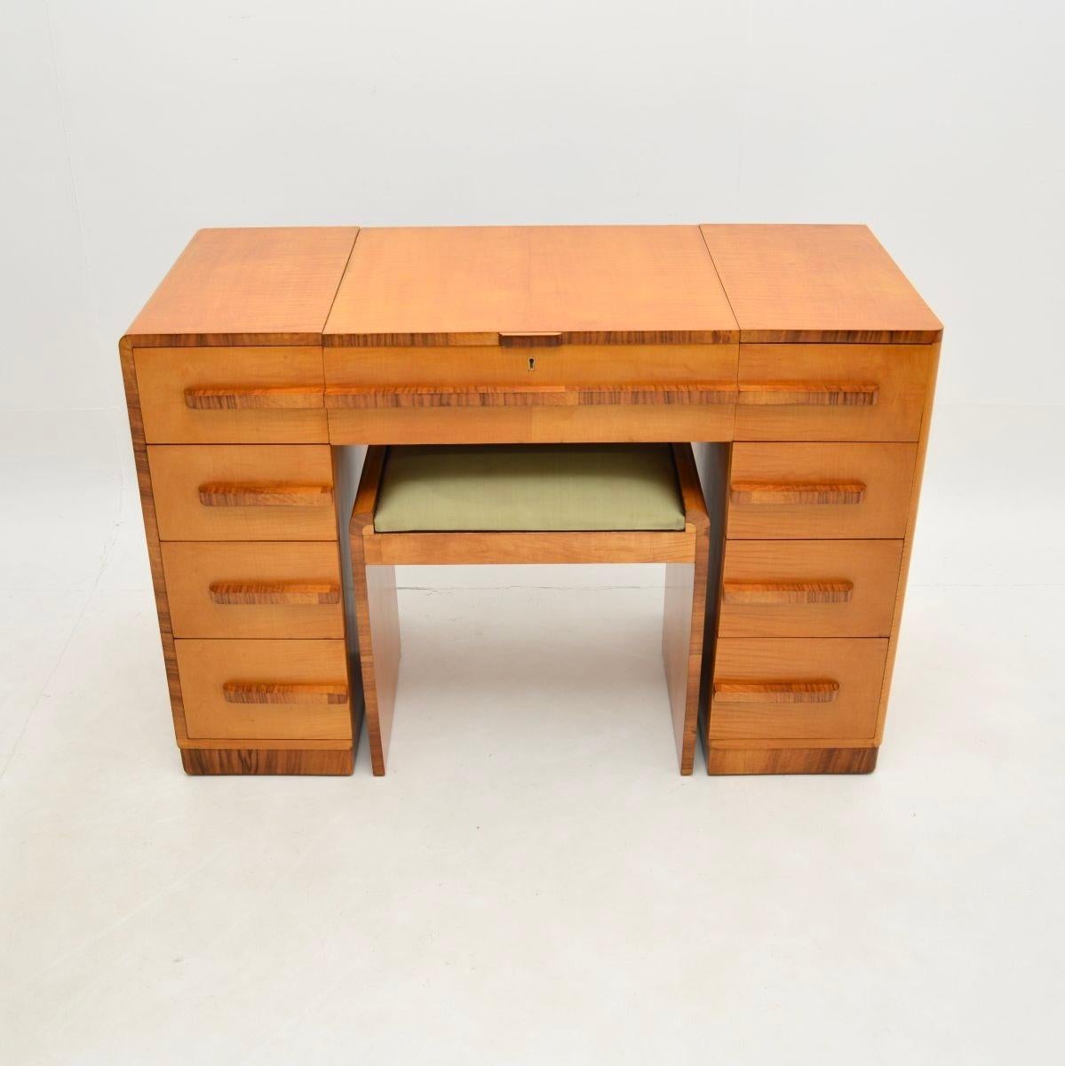Mid-20th Century Art Deco Sycamore and Walnut Dressing Table with Stool
