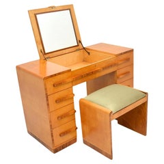 Art Deco Sycamore and Walnut Dressing Table with Stool