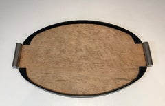 Art Deco Sycamore, Ebonised Wood and Chrome Tray