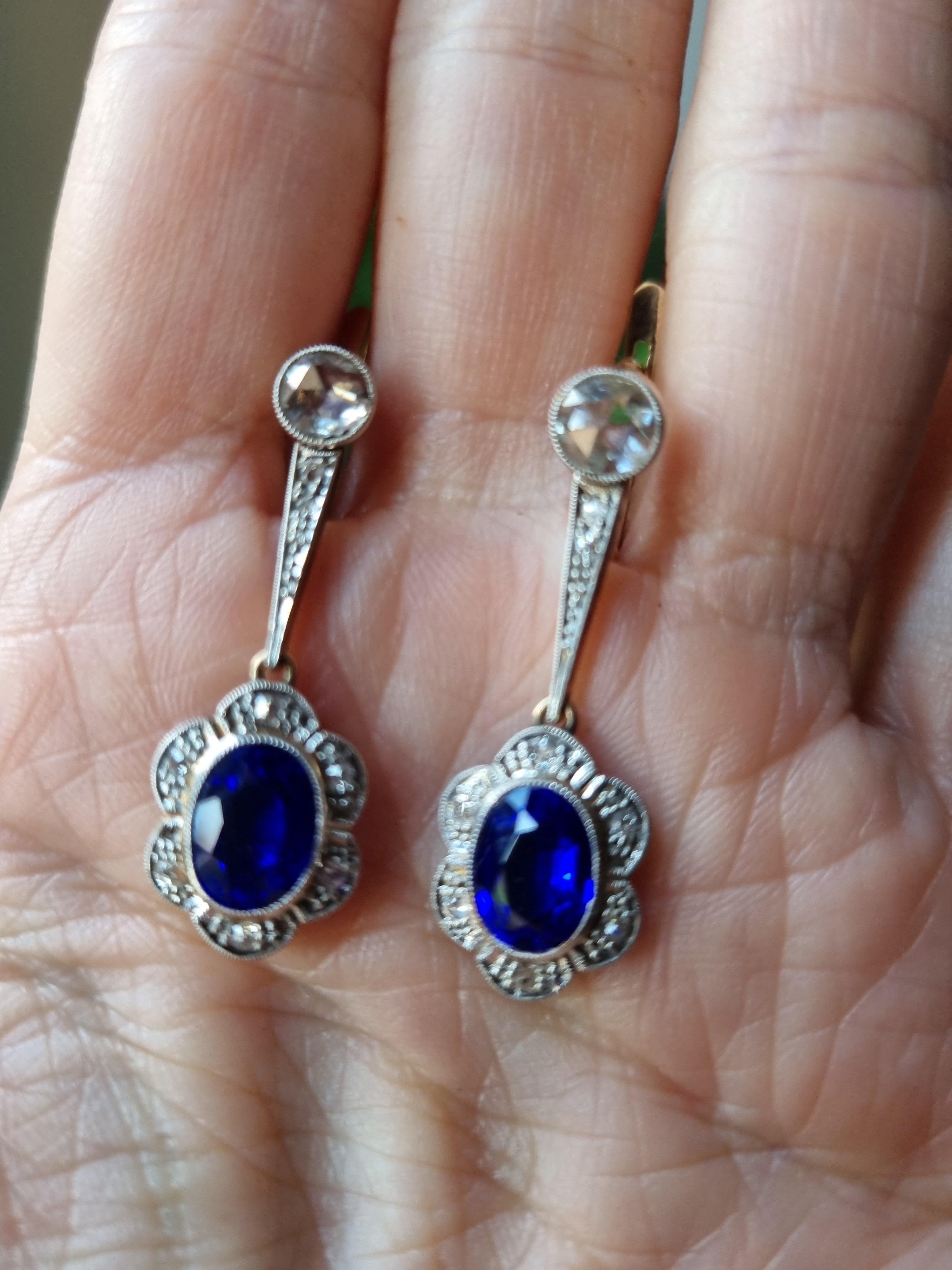 Art Deco Synthetic Blue Sapphire and Diamond Platinum Earrings For Sale 6