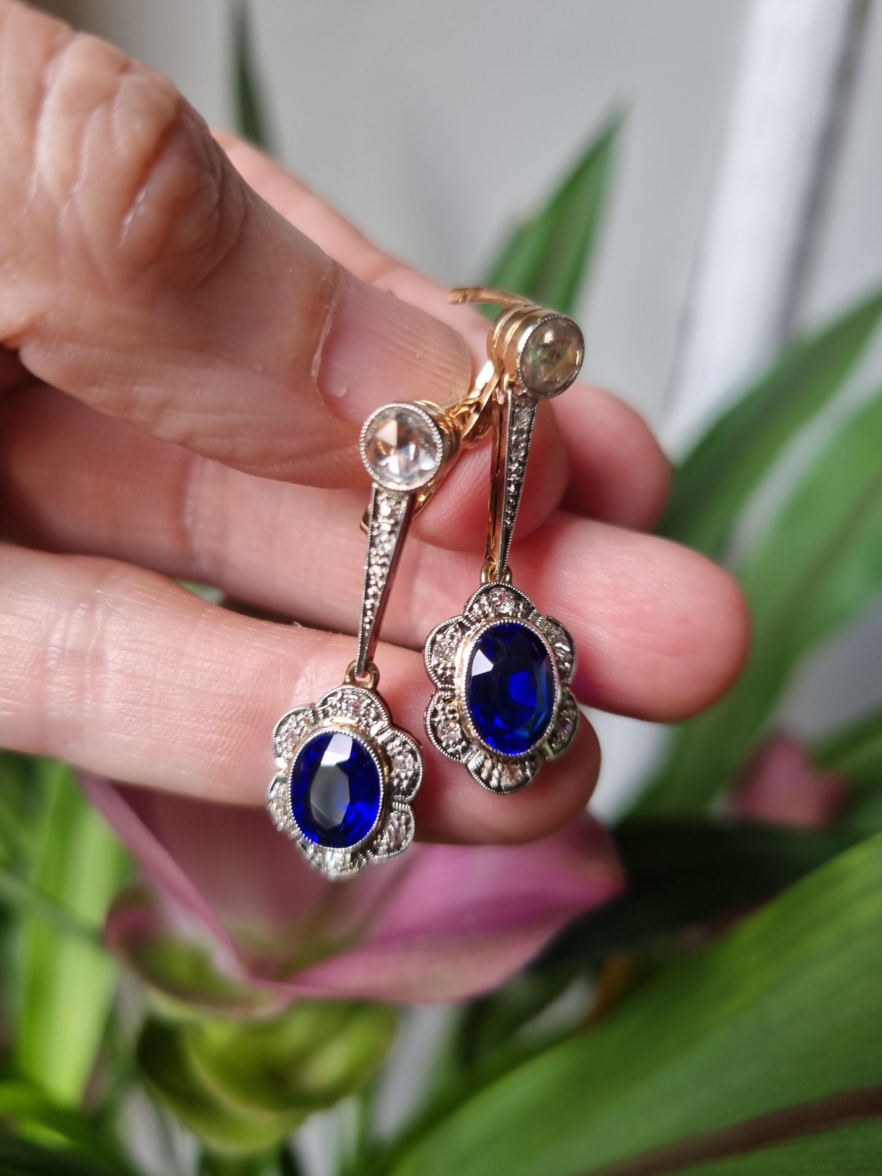 Art Deco Synthetic Blue Sapphire and Diamond Platinum Earrings For Sale 7
