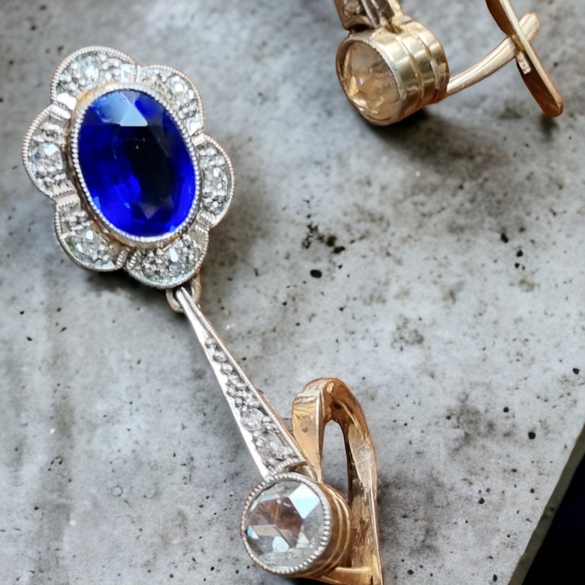 Rose Cut Art Deco Synthetic Blue Sapphire and Diamond Platinum Earrings For Sale