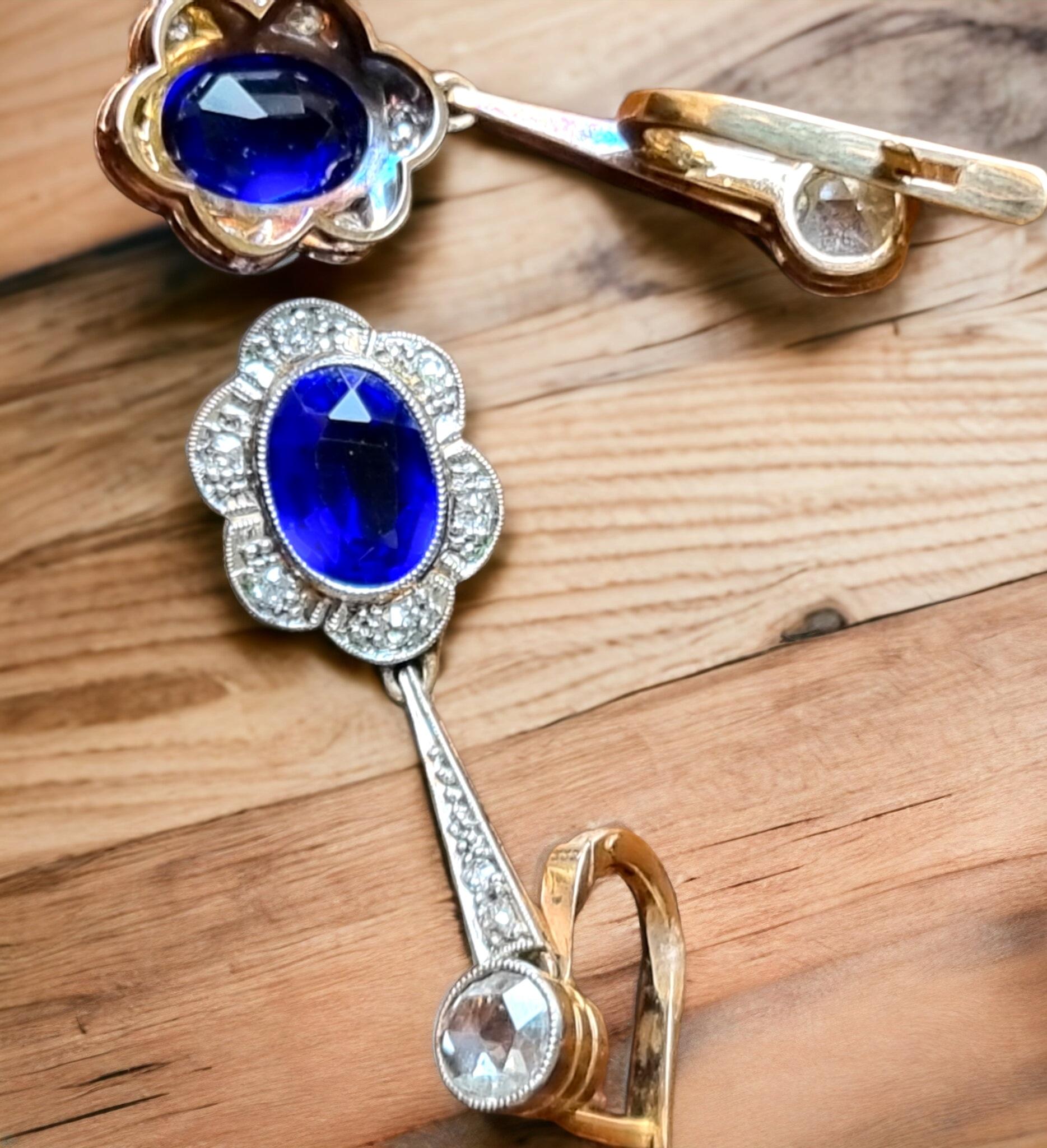 Art Deco Synthetic Blue Sapphire and Diamond Platinum Earrings For Sale 1