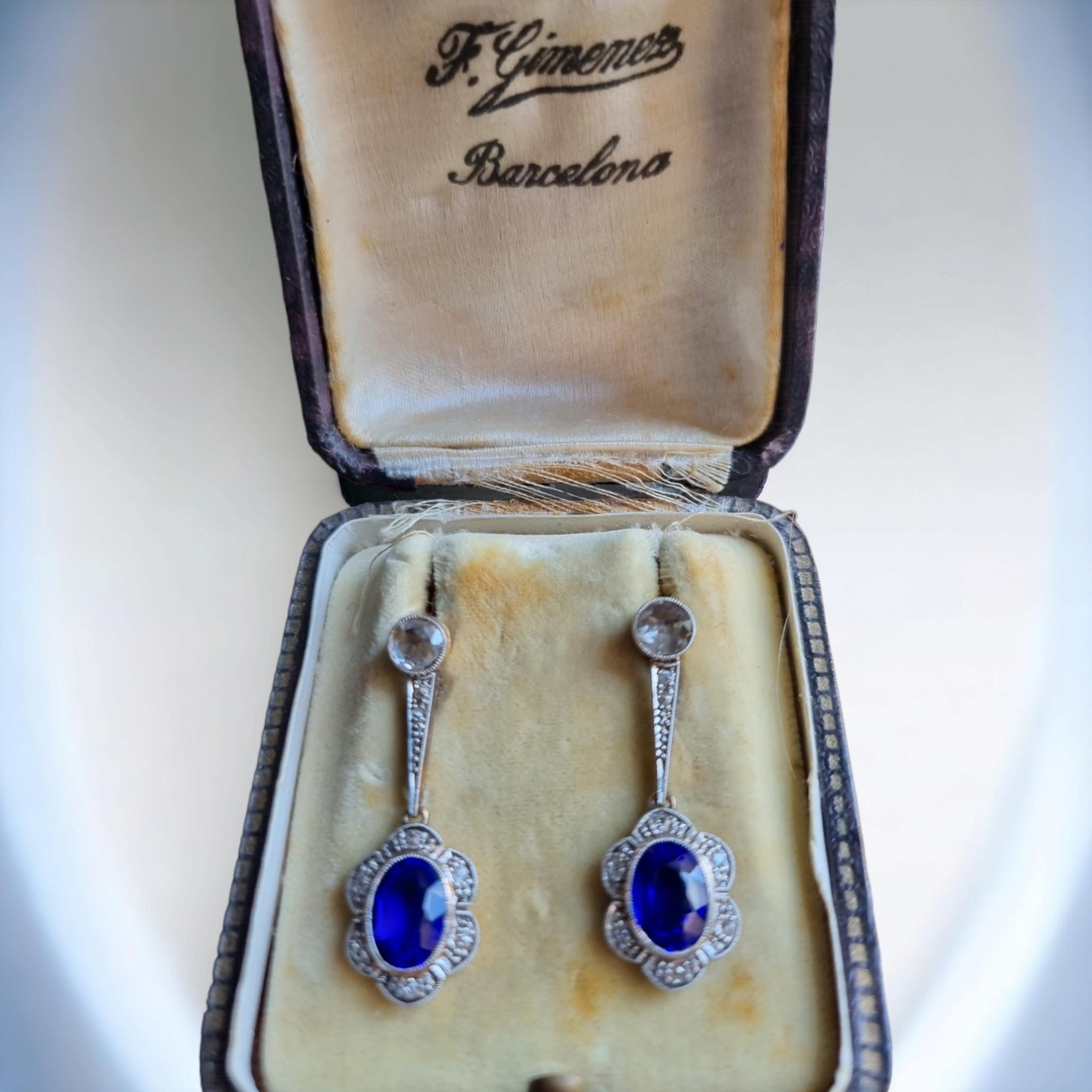 Art Deco Synthetic Blue Sapphire and Diamond Platinum Earrings For Sale 2