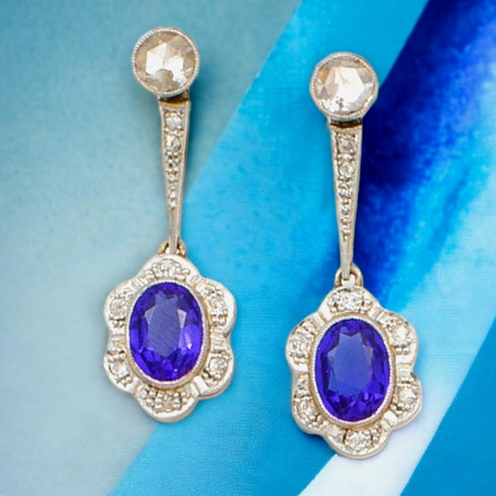Art Deco Synthetic Blue Sapphire and Diamond Platinum Earrings For Sale 4