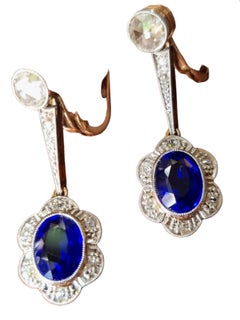 Antique Art Deco Synthetic Blue Sapphire and Diamond Platinum Earrings