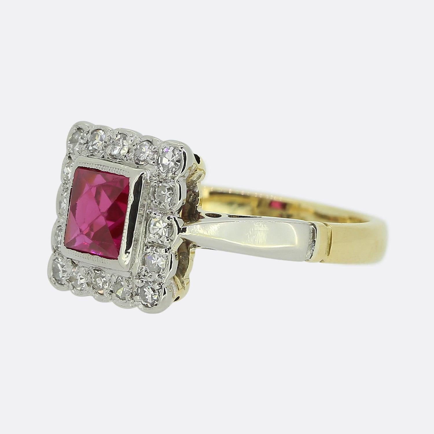 Here we have an synthetic ruby and diamond cluster ring crafted at a time when the Art Deco style was at the height of design. A single square shaped synthetic ruby showcasing a vivid red colour with a pink undertone sits at the centre of the piece