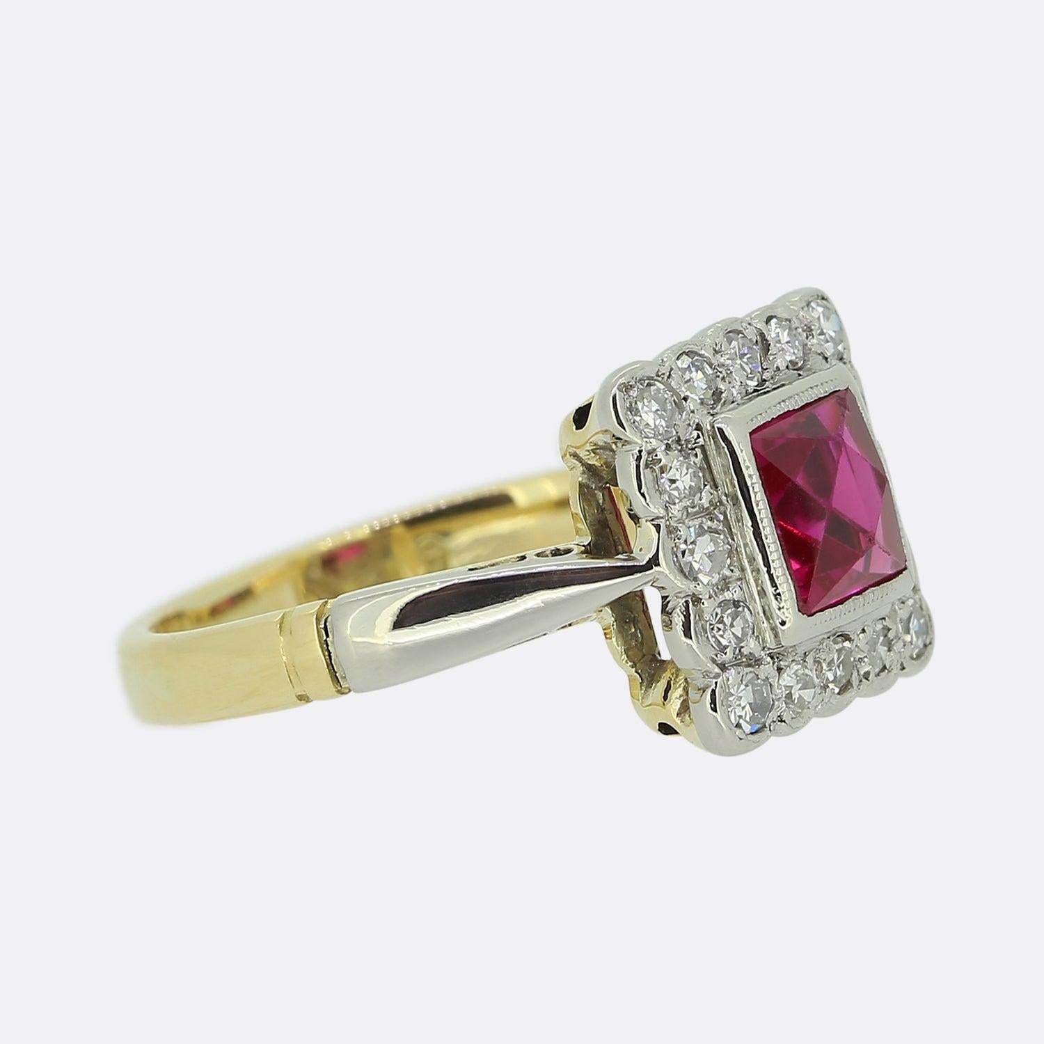 Square Cut Art Deco Synthetic Ruby and Diamond Cluster Ring For Sale