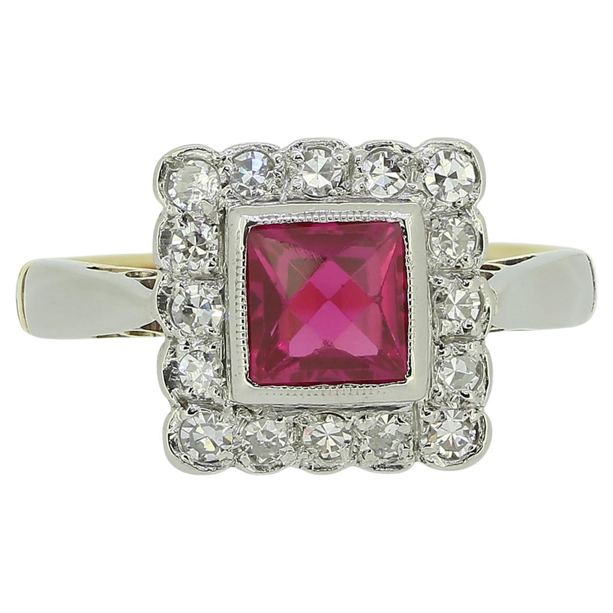 Art Deco Synthetic Ruby and Diamond Cluster Ring For Sale