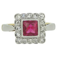 Vintage Art Deco Synthetic Ruby and Diamond Cluster Ring
