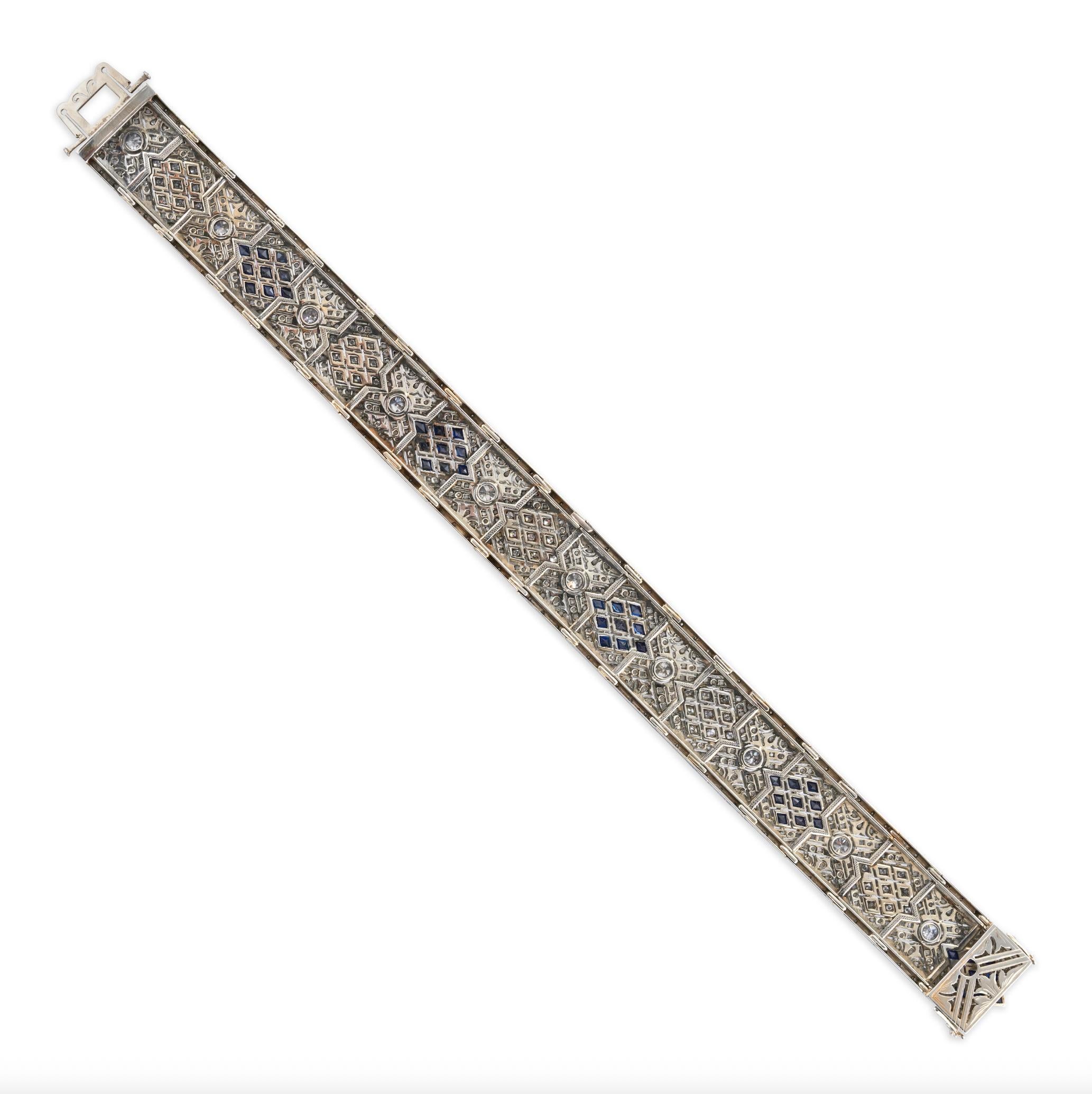 Pulsera Art Decó de Zafiro Sintético y Diamantes Corte rosa en venta