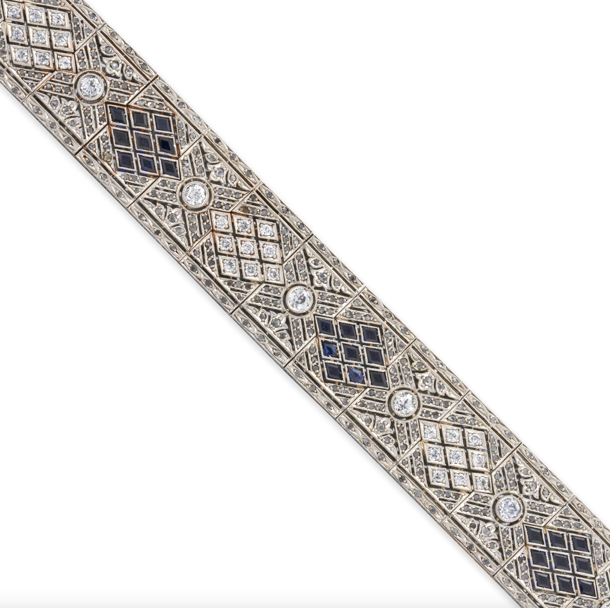 Pulsera Art Decó de Zafiro Sintético y Diamantes en Excelente estado para la venta en New York, NY