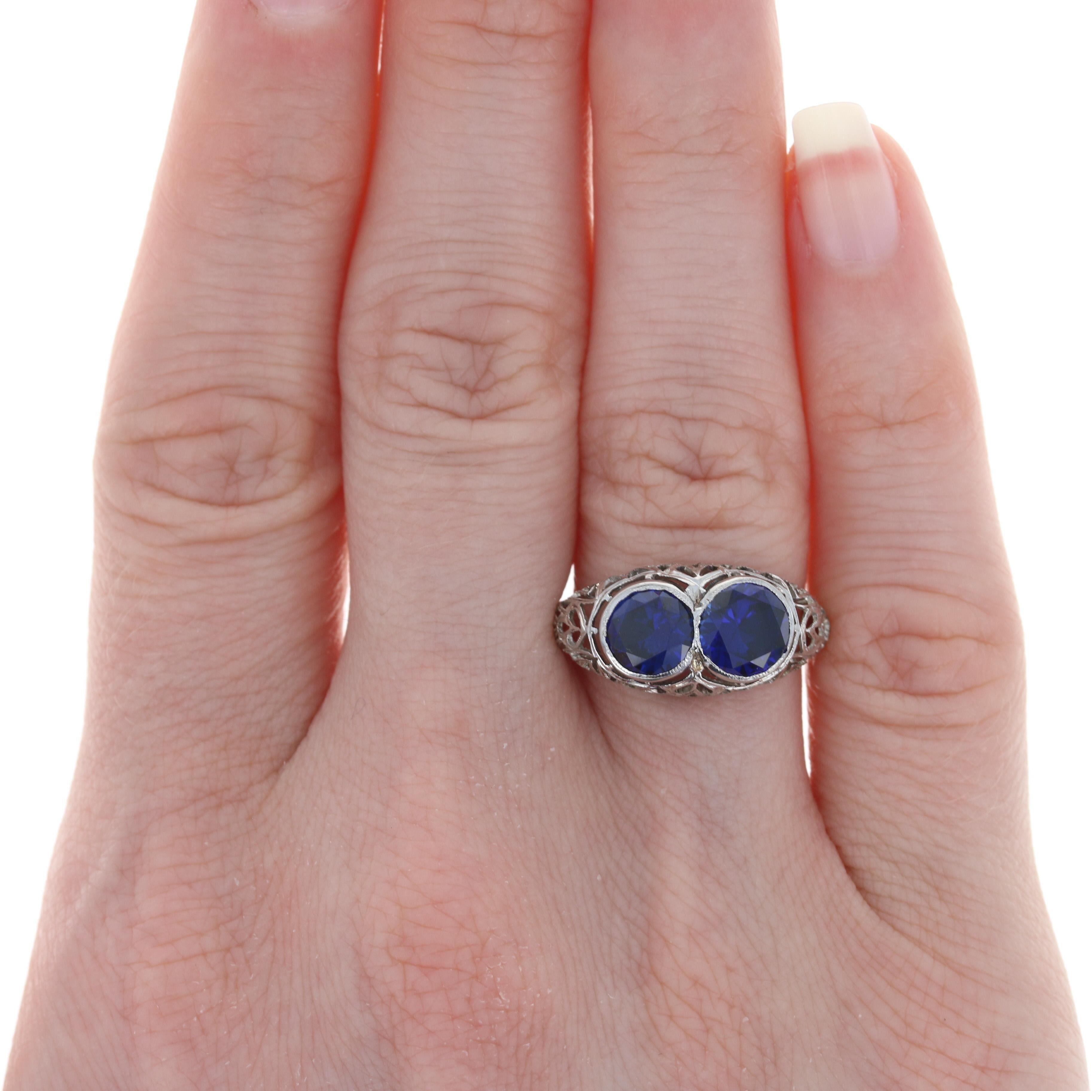 Art Deco Synthetic Sapphire Ring, Platinum Vintage Filigree 2.76ctw 2