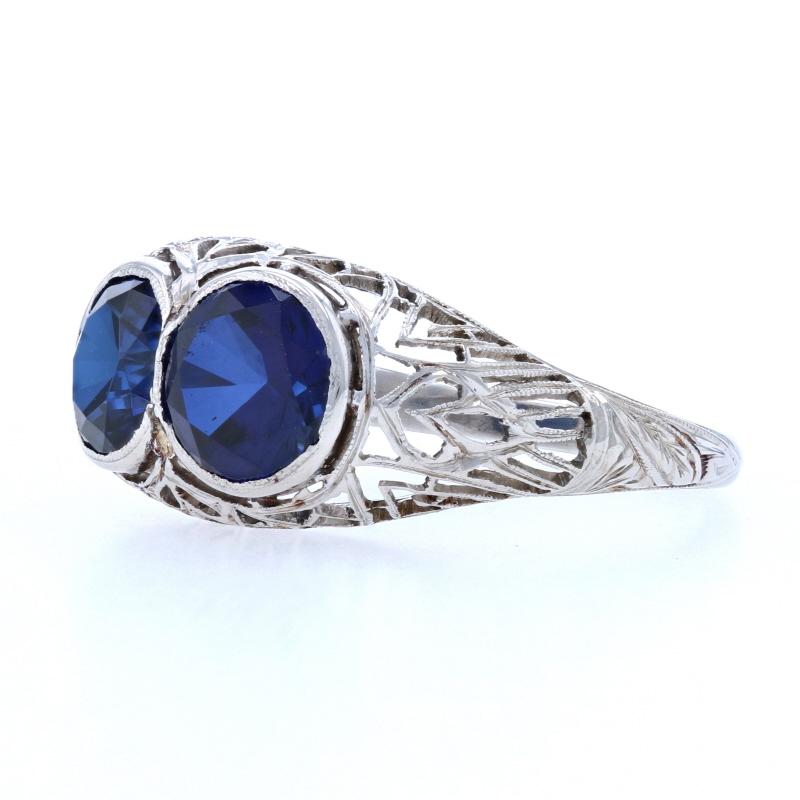 Art Deco Synthetic Sapphire Ring, Platinum Vintage Filigree 2.76ctw 3