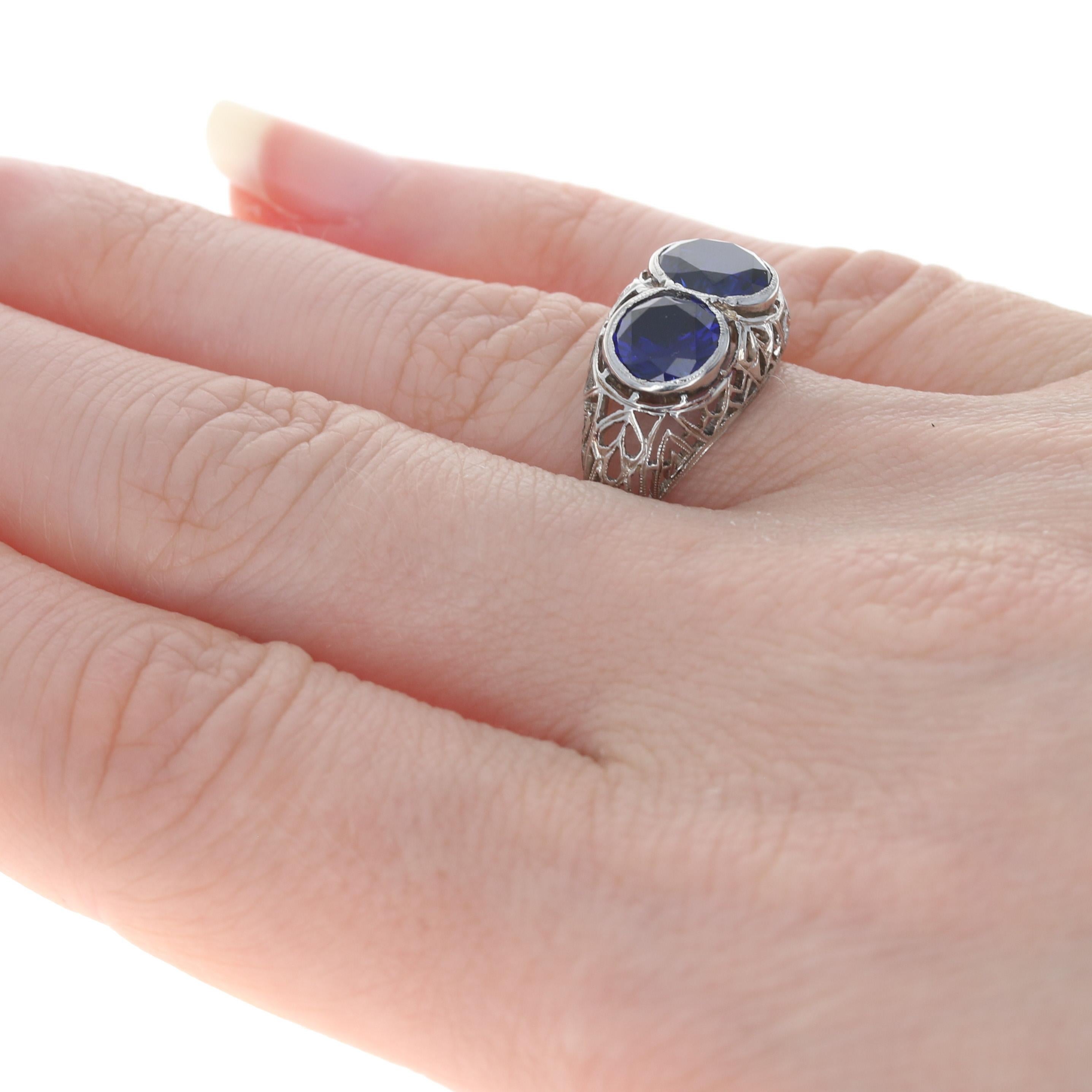 Art Deco Synthetic Sapphire Ring, Platinum Vintage Filigree 2.76ctw 4