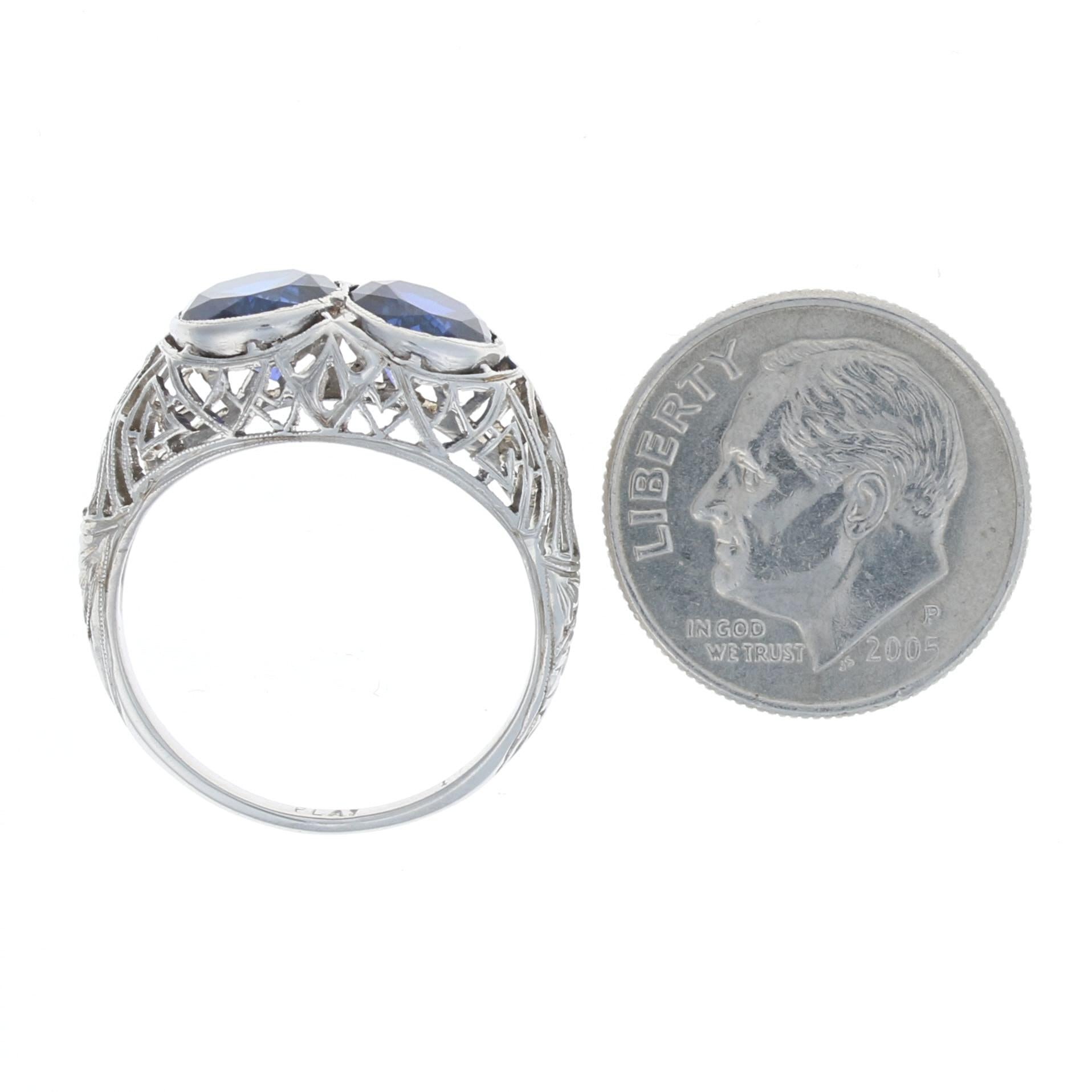 Art Deco Synthetic Sapphire Ring, Platinum Vintage Filigree 2.76ctw 5