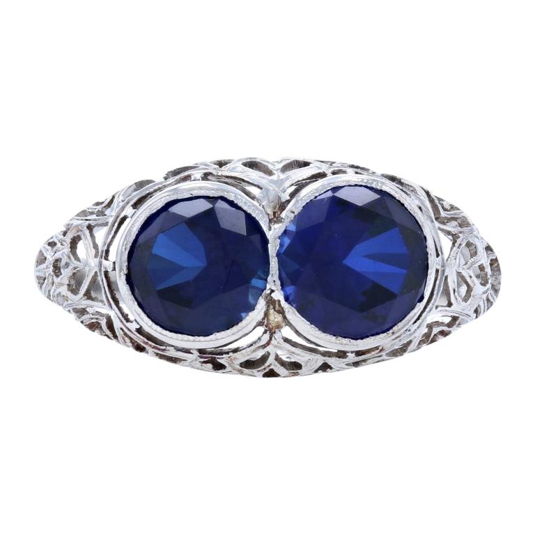 Art Deco Synthetic Sapphire Ring, Platinum Vintage Filigree 2.76ctw