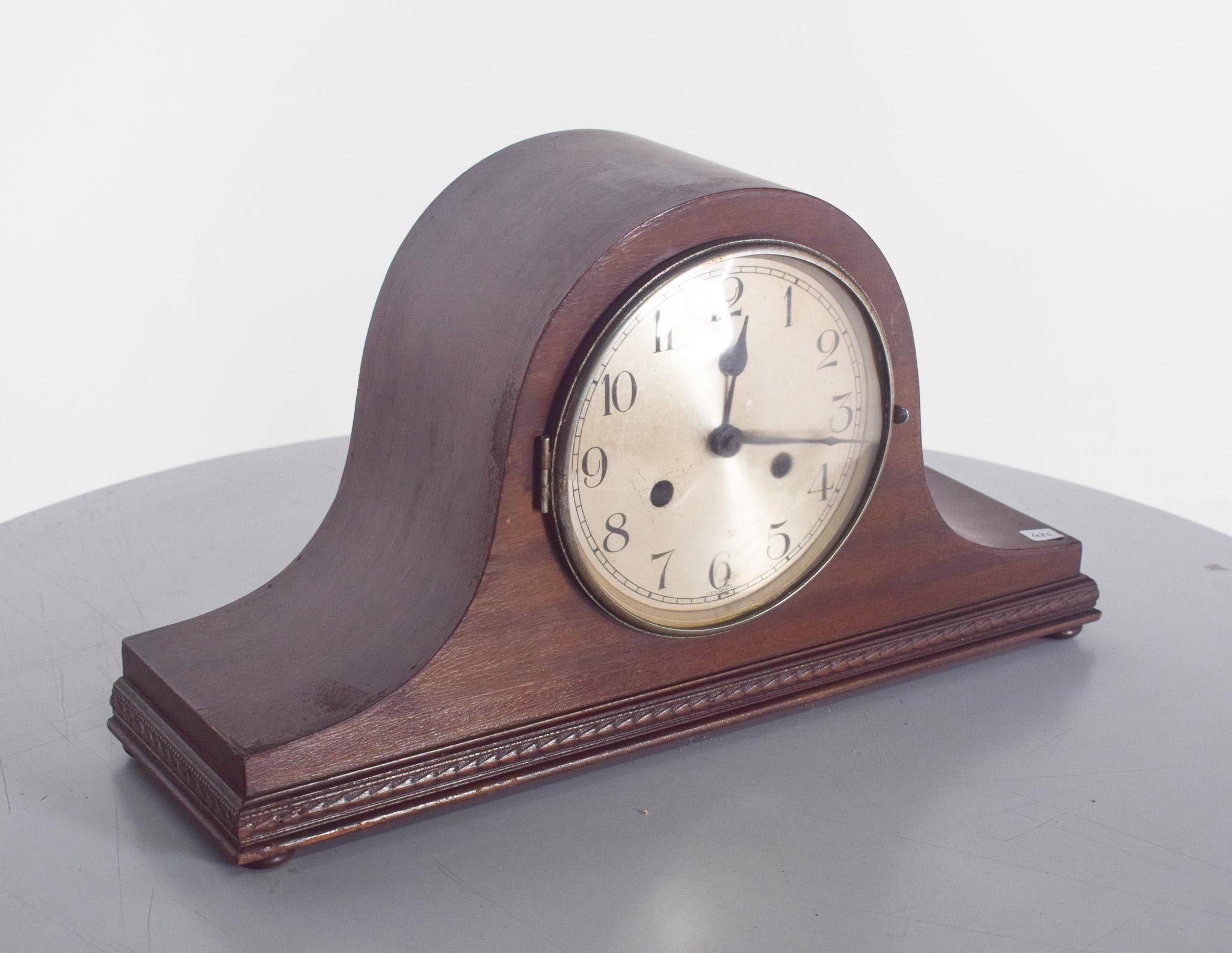 Portuguese Art Deco Table Clock, Dark Wood Frame For Sale