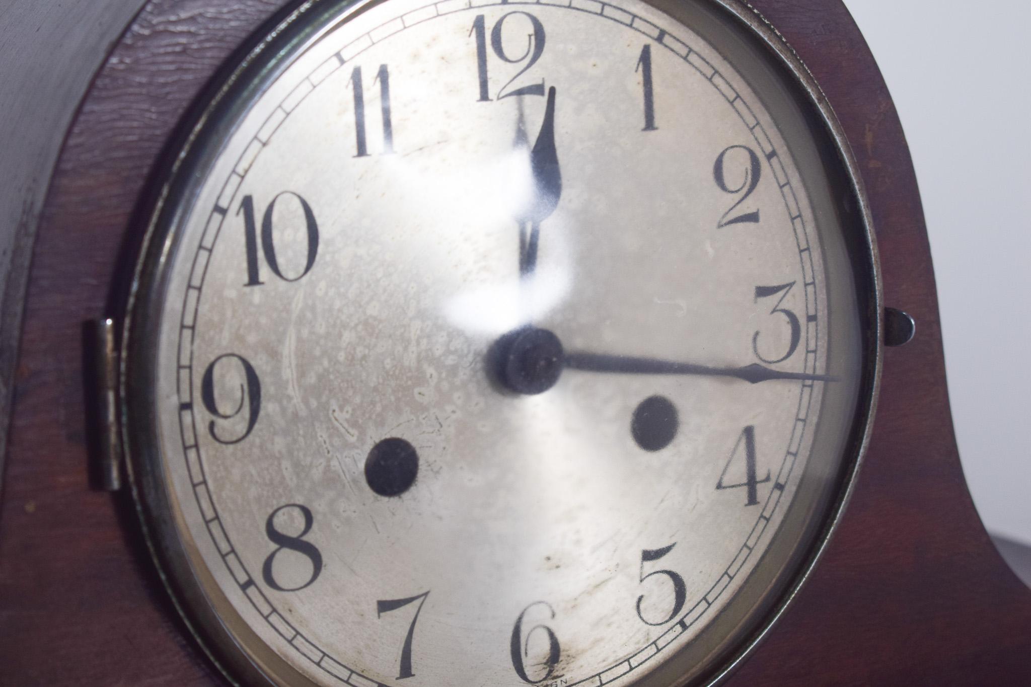 20th Century Art Deco Table Clock, Dark Wood Frame For Sale