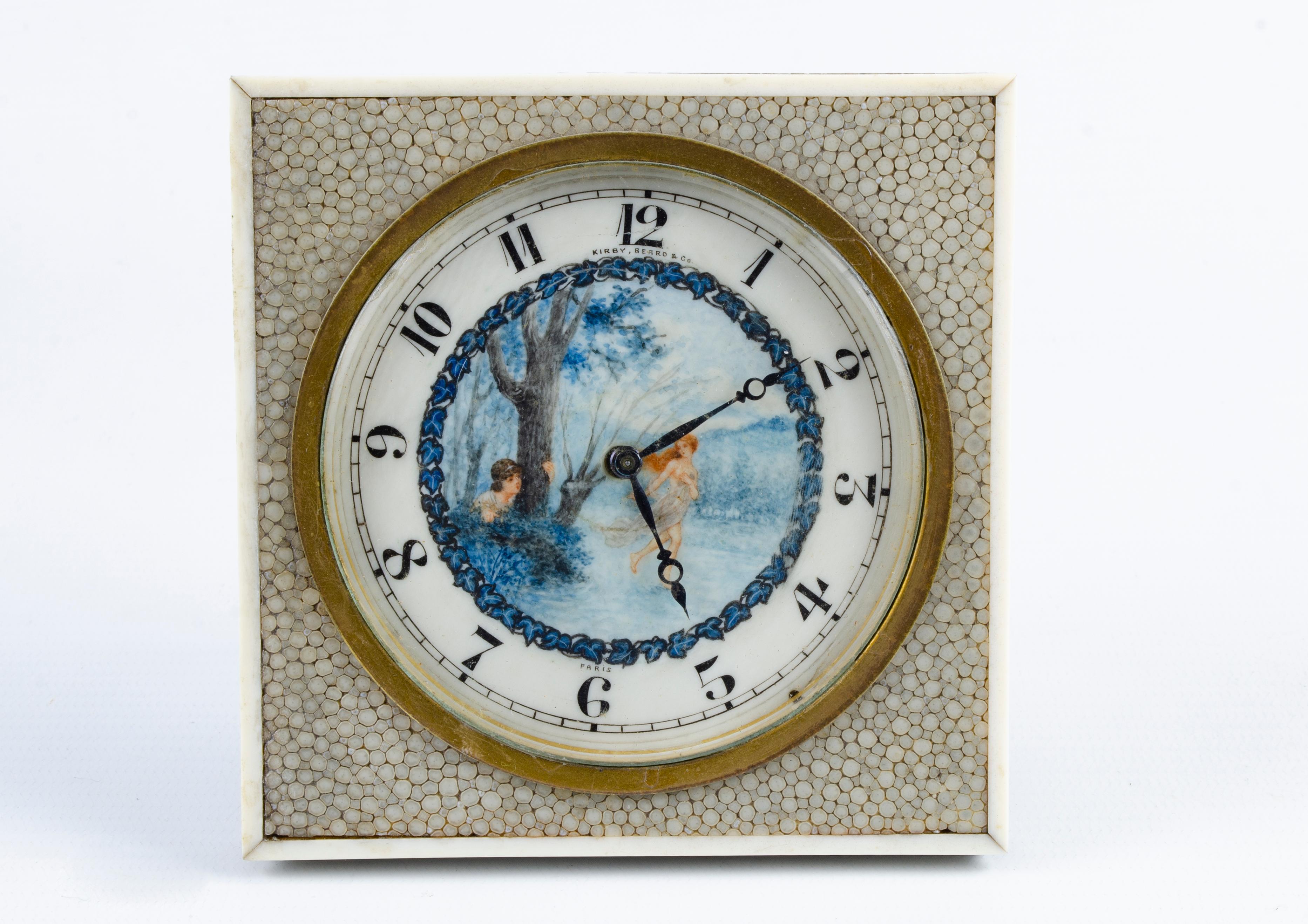 Art Deco table clock
Materials: Shagreen and bronze
French Origin Circa 1920
In the center it has an original painting (Scene voyyer)
Mark on its dial (Kirby Beard and Co Paris).