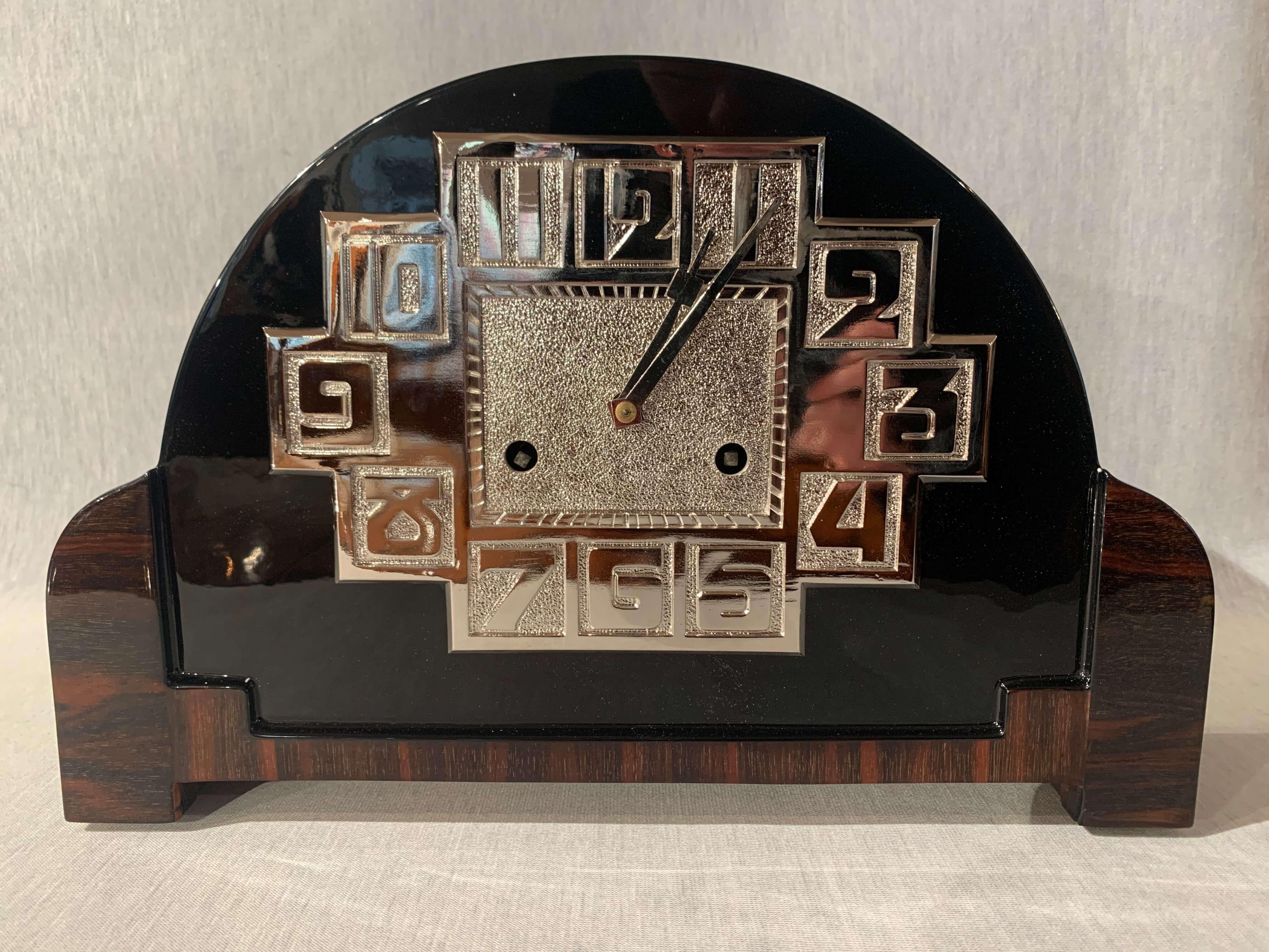 French Art Deco Table Clock, Macassar, Black Lacquer and Nickel, France circa 1930