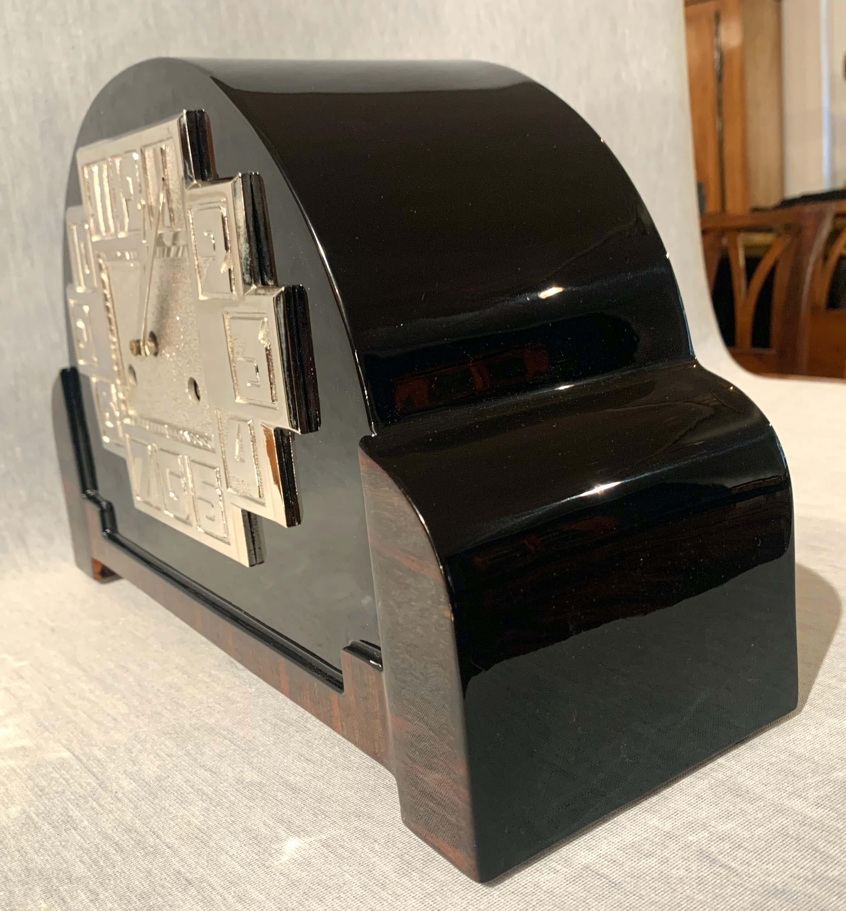 Blackened Art Deco Table Clock, Macassar, Black Lacquer and Nickel, France circa 1930