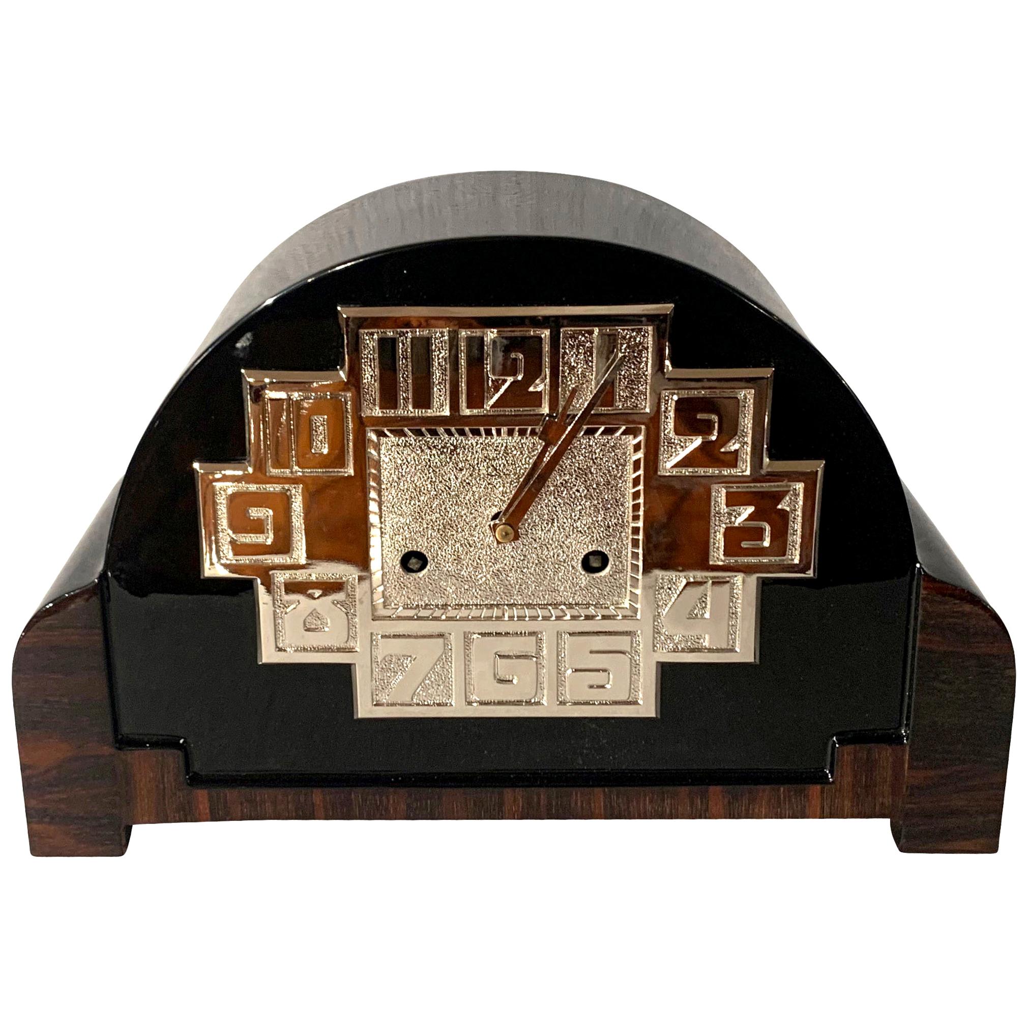 Art Deco Table Clock, Macassar, Black Lacquer and Nickel, France circa 1930