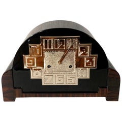 Vintage Art Deco Table Clock, Macassar, Black Lacquer and Nickel, France circa 1930