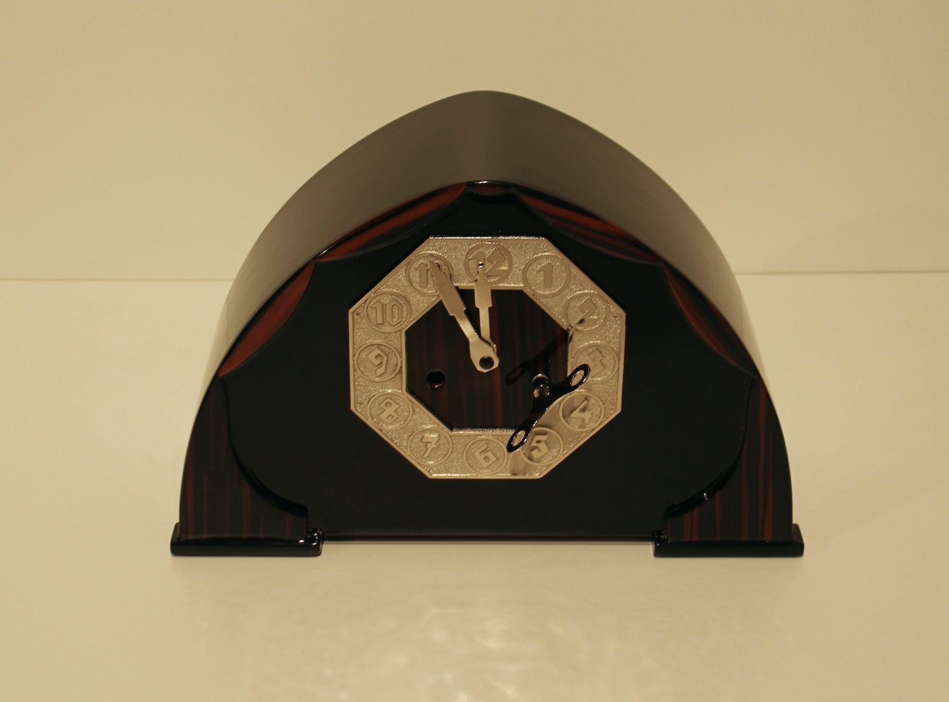 Art Deco Table Clock, Macassar, Lacquer, Nickel, Netherlands circa 1925 For Sale 6